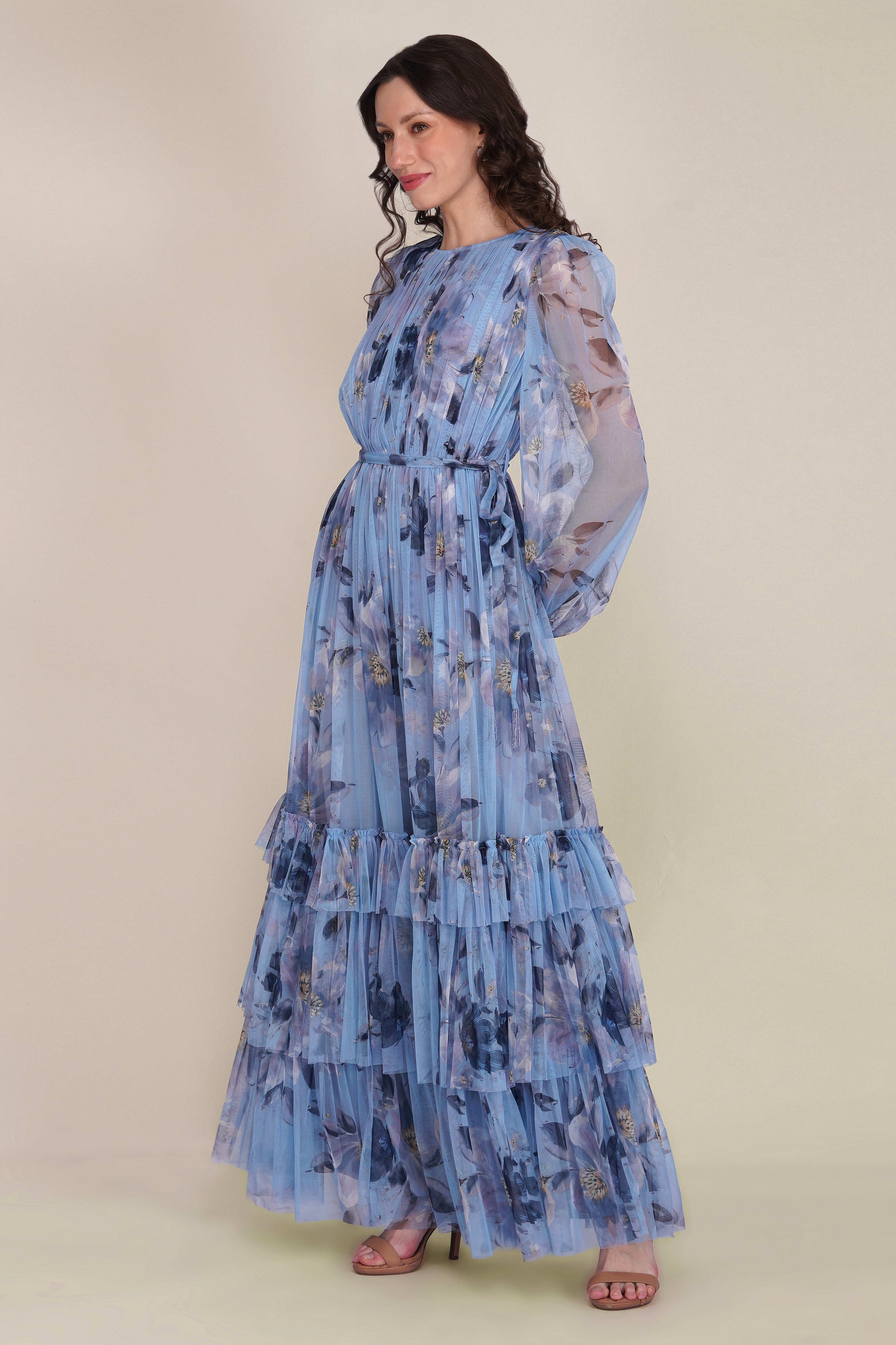 Rebecca Tulle Maxi Dress in Blue Magnolia Print