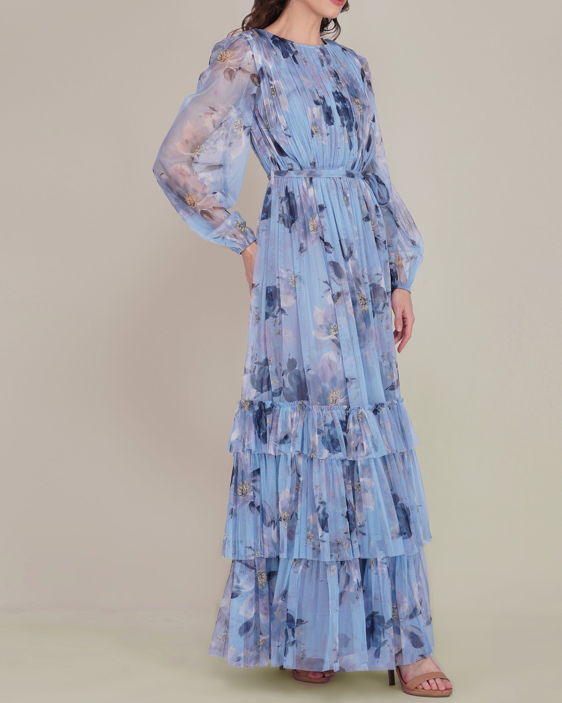 Rebecca Tulle Maxi Dress in Blue Magnolia Print