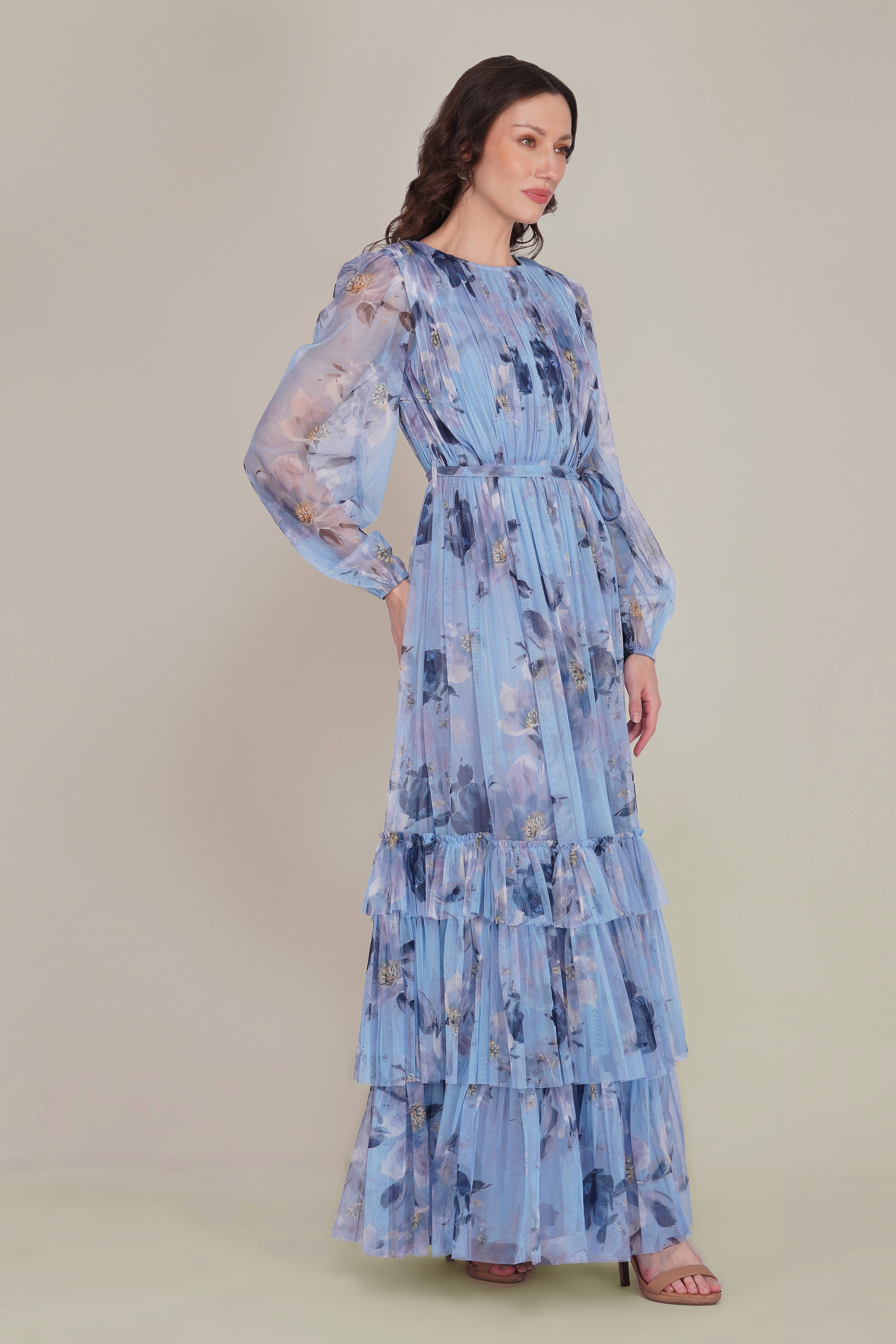 Rebecca Tulle Maxi Dress in Blue Magnolia Print