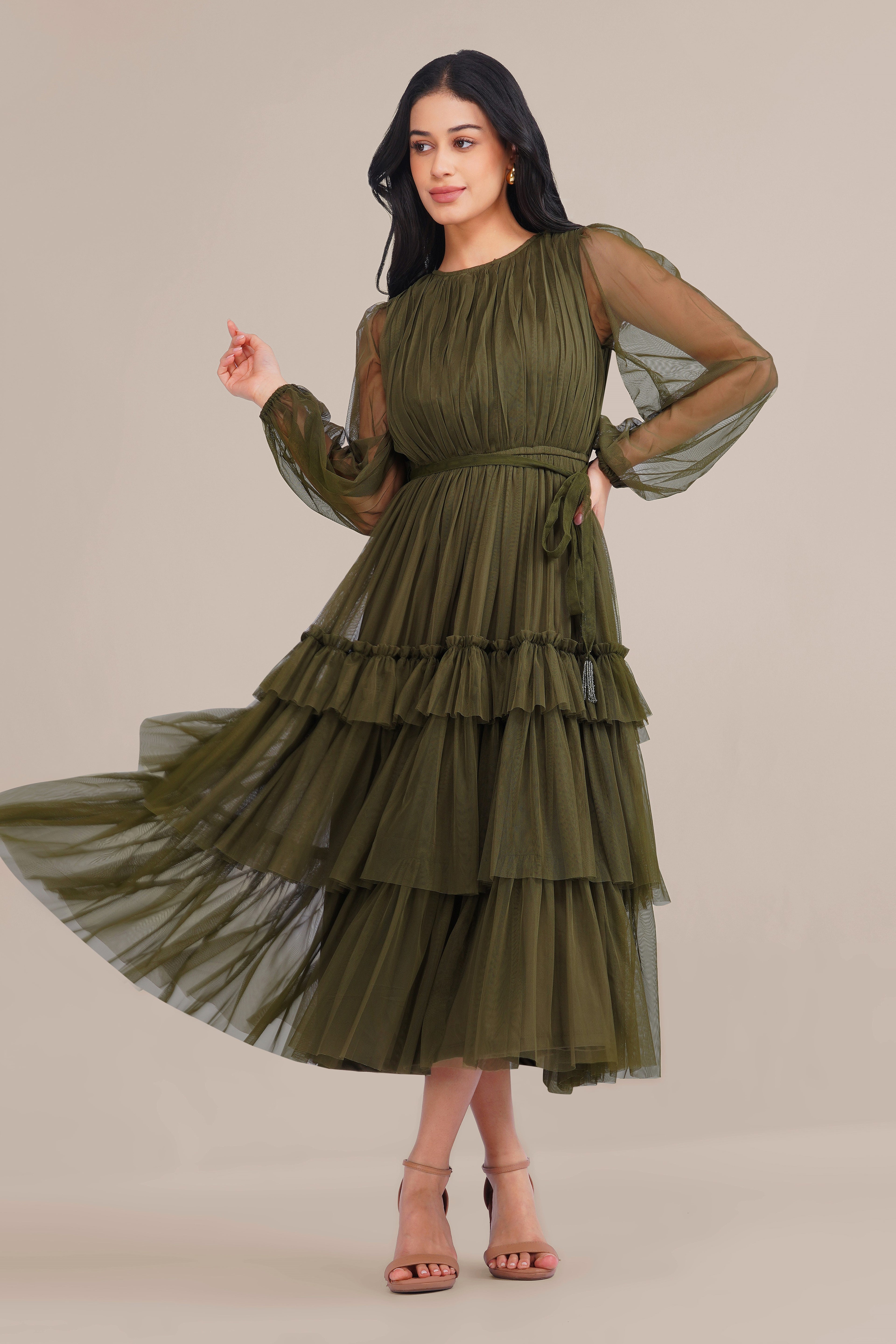 Rebecca Tulle Midi Dress in Burnt Olive