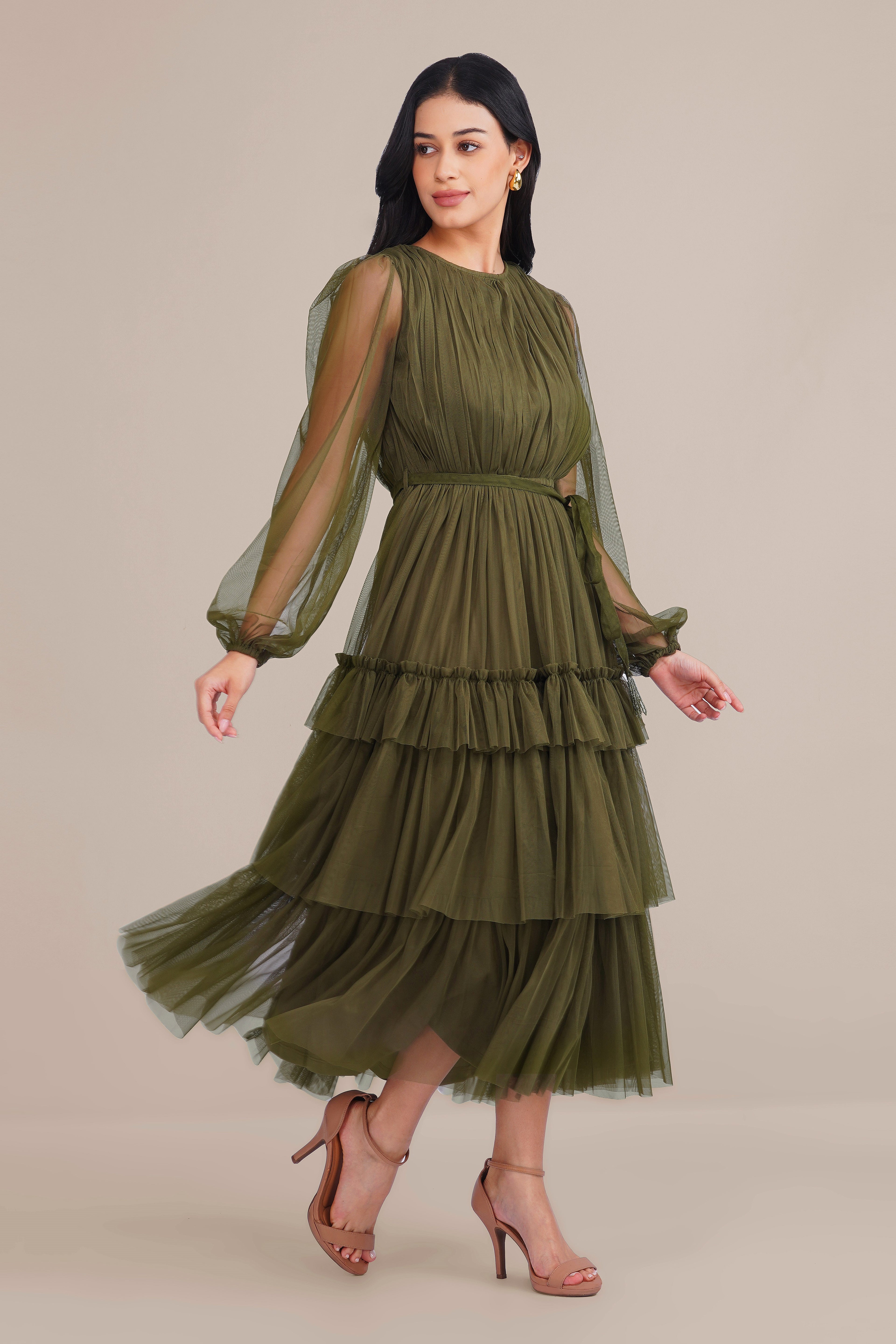 Rebecca Tulle Midi Dress in Burnt Olive