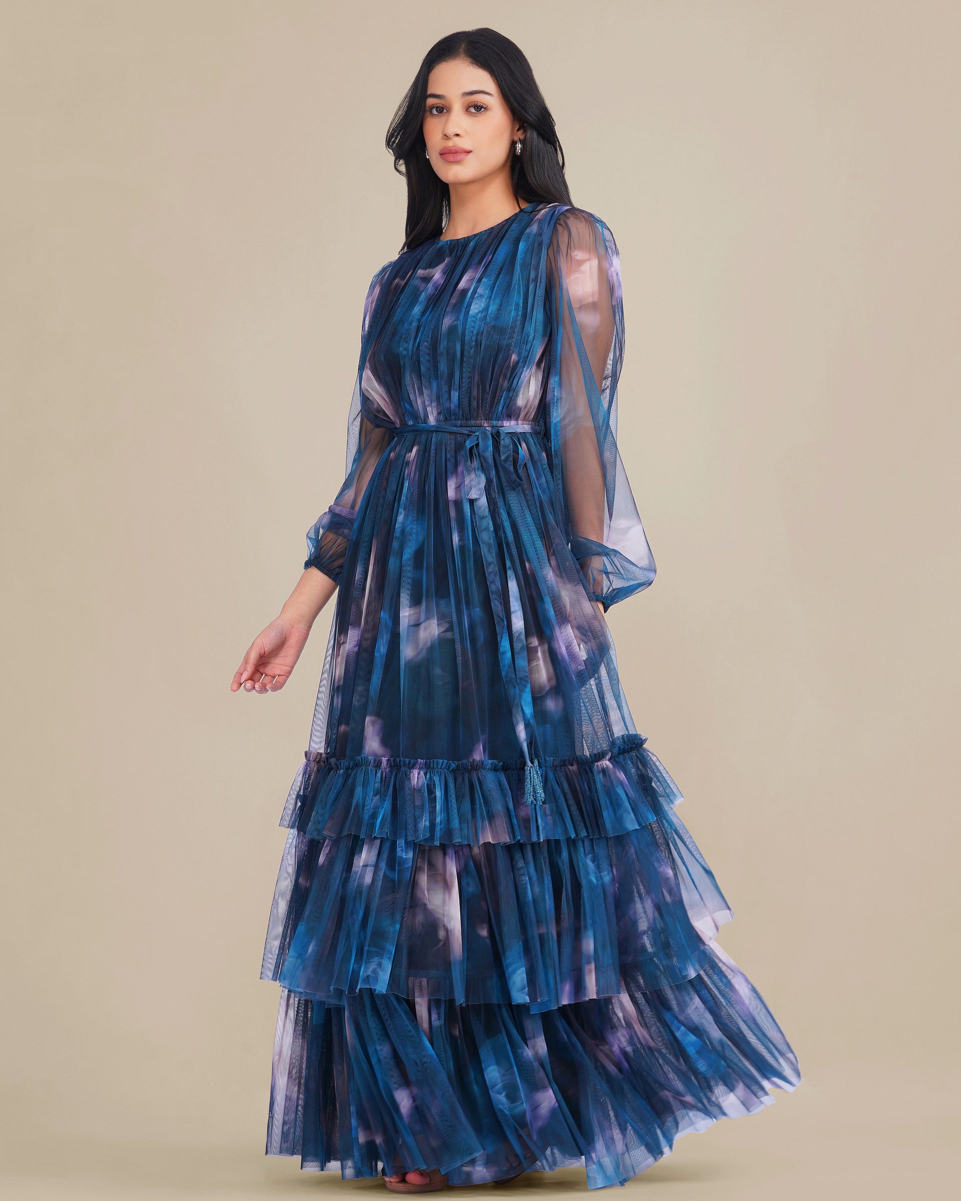 Rebecca Tulle Maxi Dress in Naval Flow Print