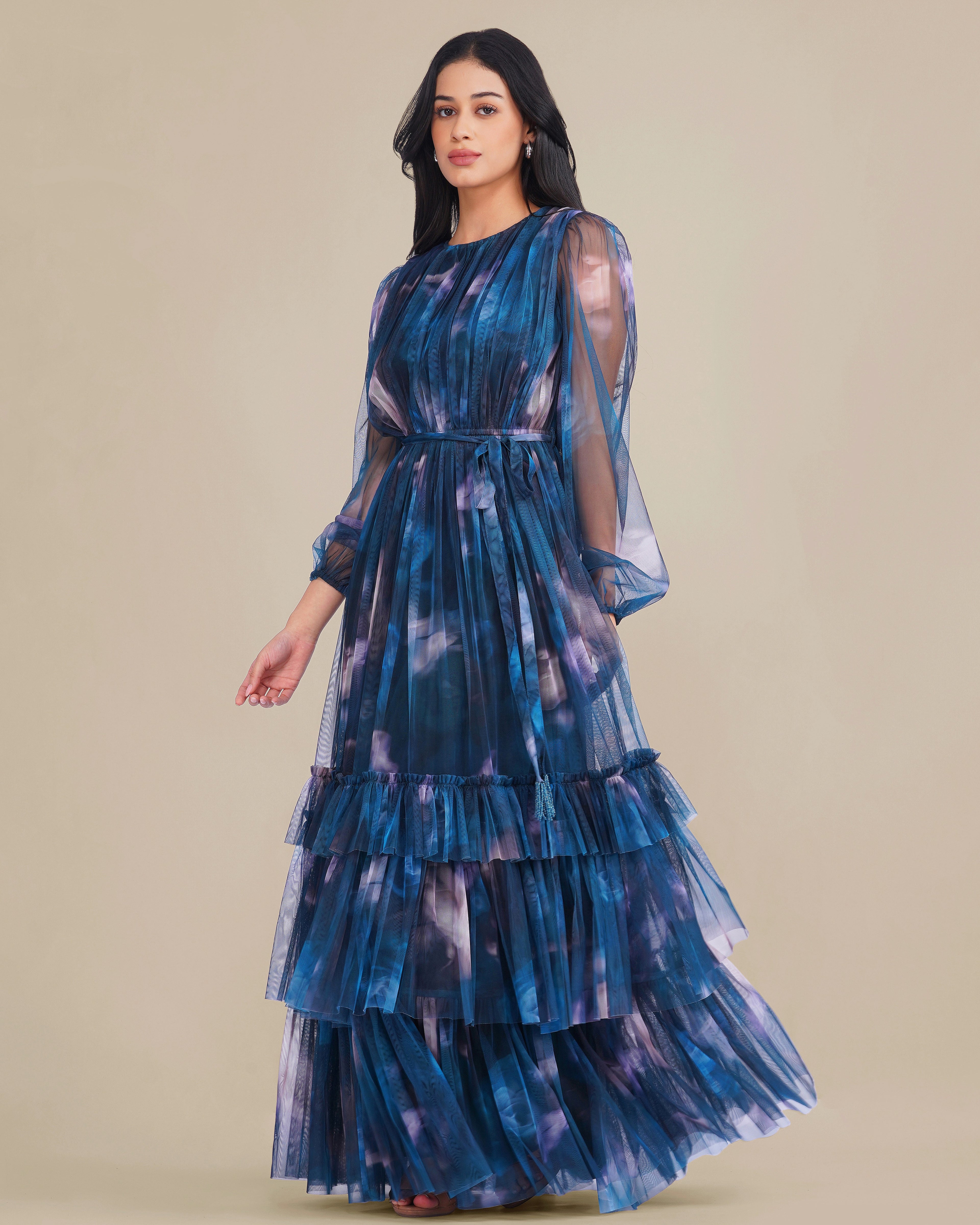 Rebecca Tulle Maxi Dress in Naval Flow Print