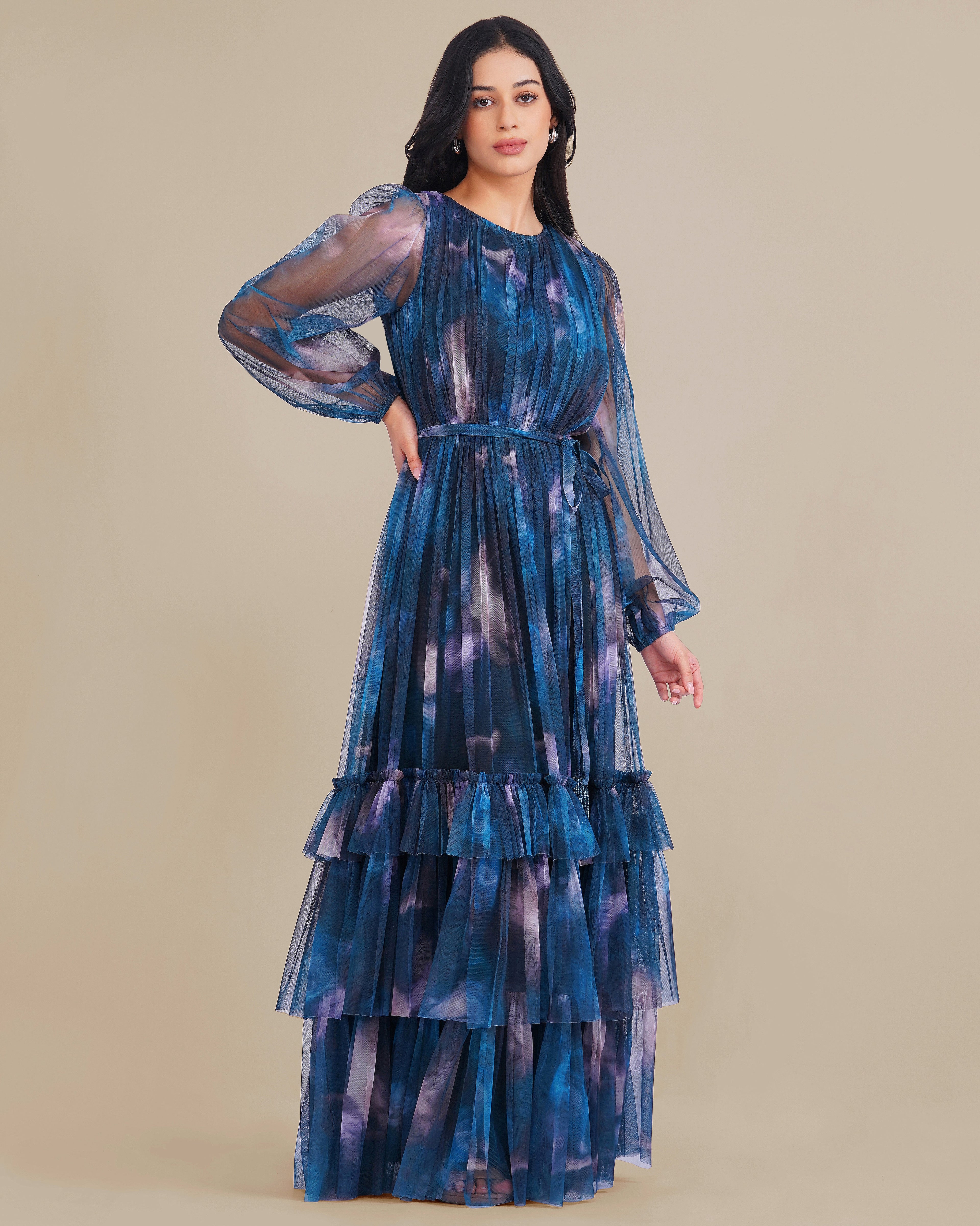 Rebecca Tulle Maxi Dress in Naval Flow Print