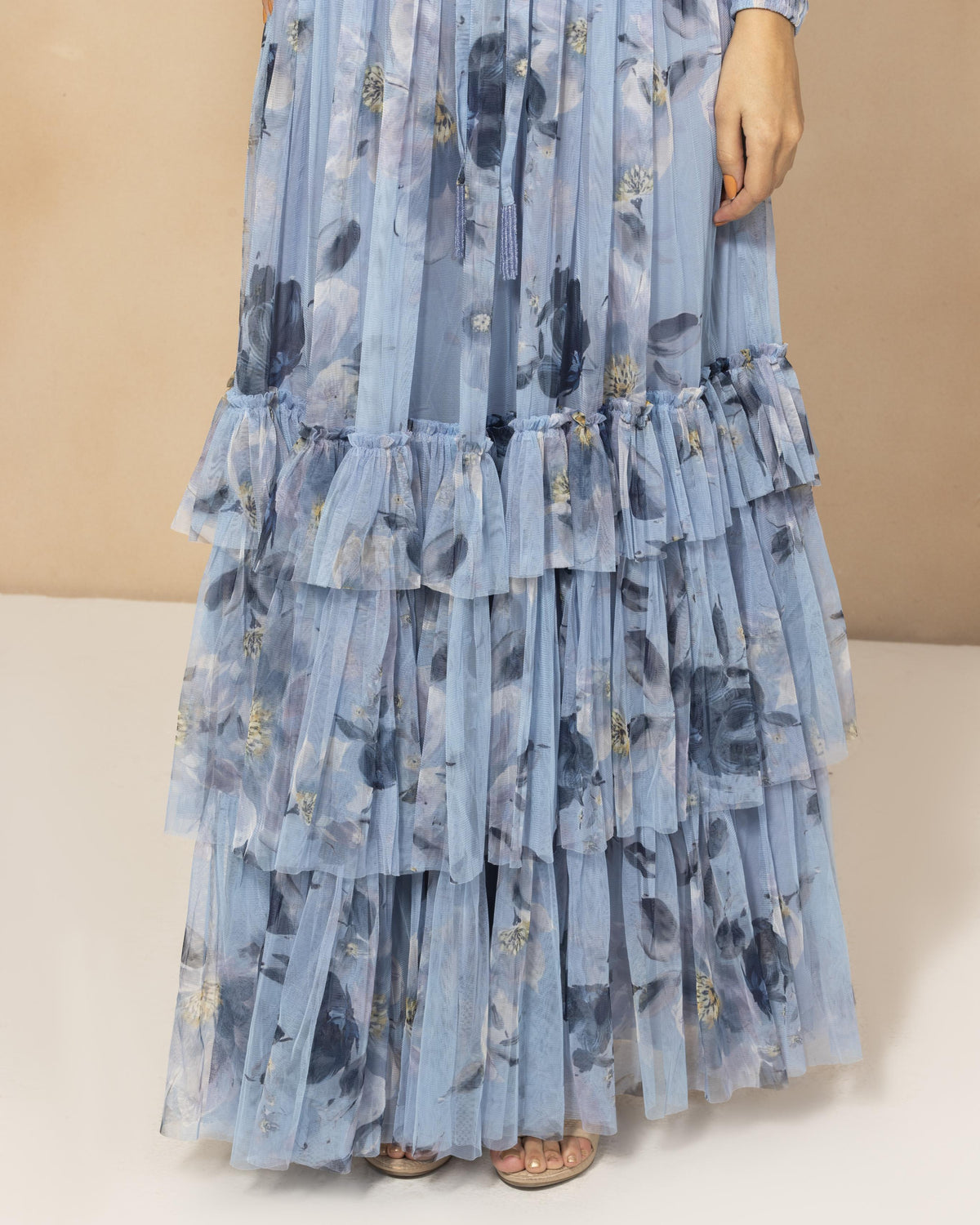 Rebecca Tulle Maxi Dress in Blue Magnolia Print
