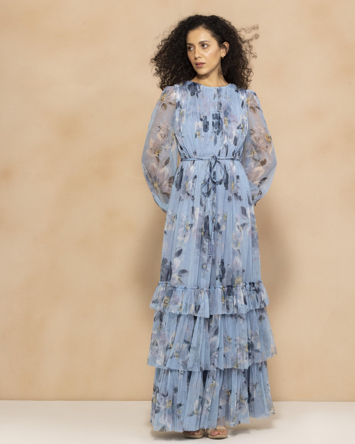 Rebecca Tulle Maxi Dress in Blue Magnolia Print