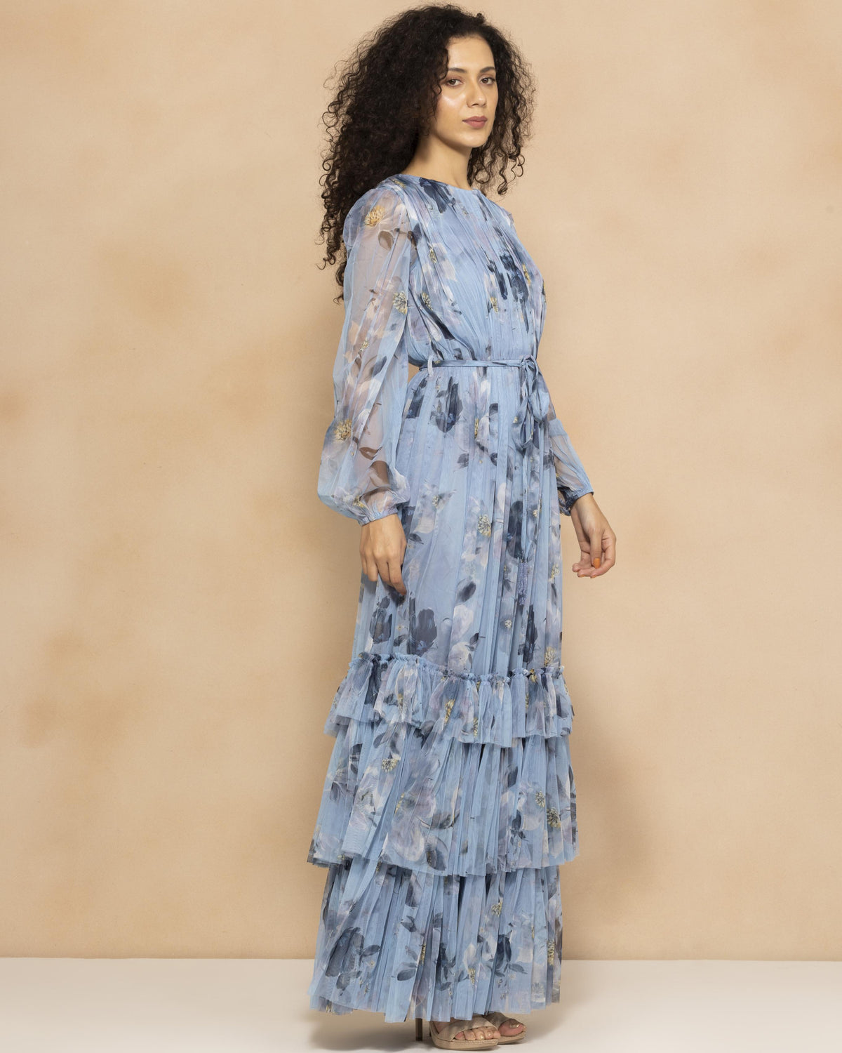 Rebecca Tulle Maxi Dress in Blue Magnolia Print