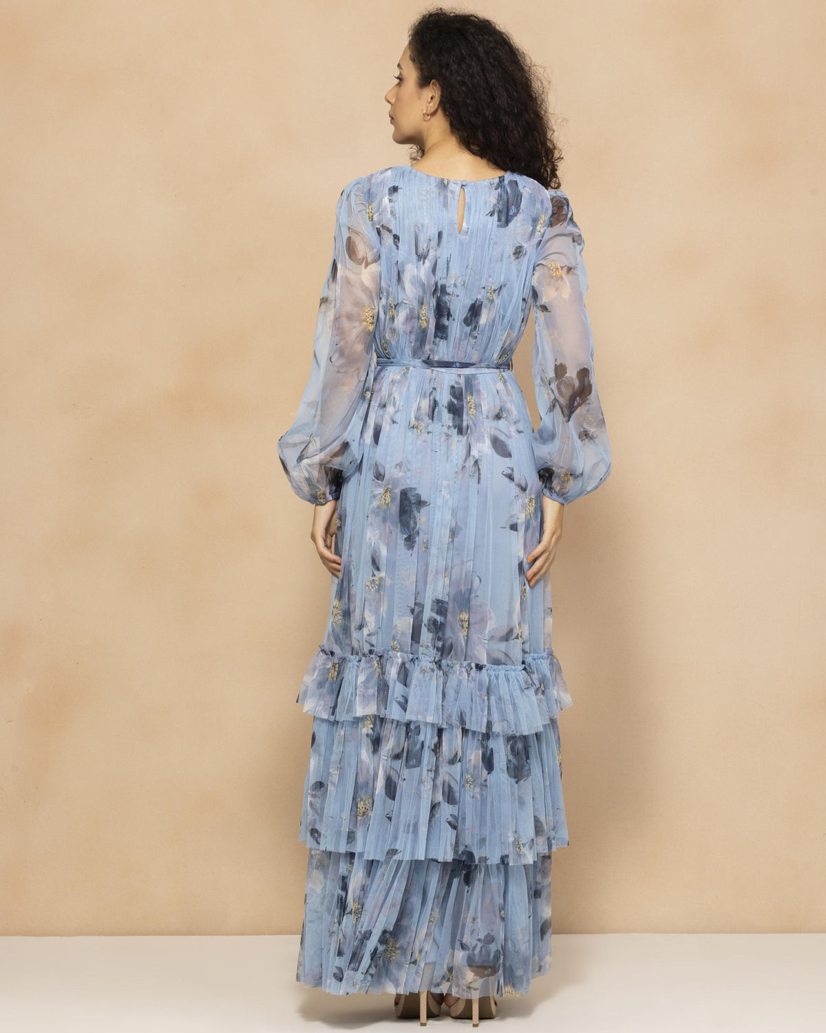 Rebecca Tulle Maxi Dress in Blue Magnolia Print