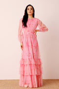 Modest Long Sleeve Soft Tulle Pink Floral Tiered Maxi 