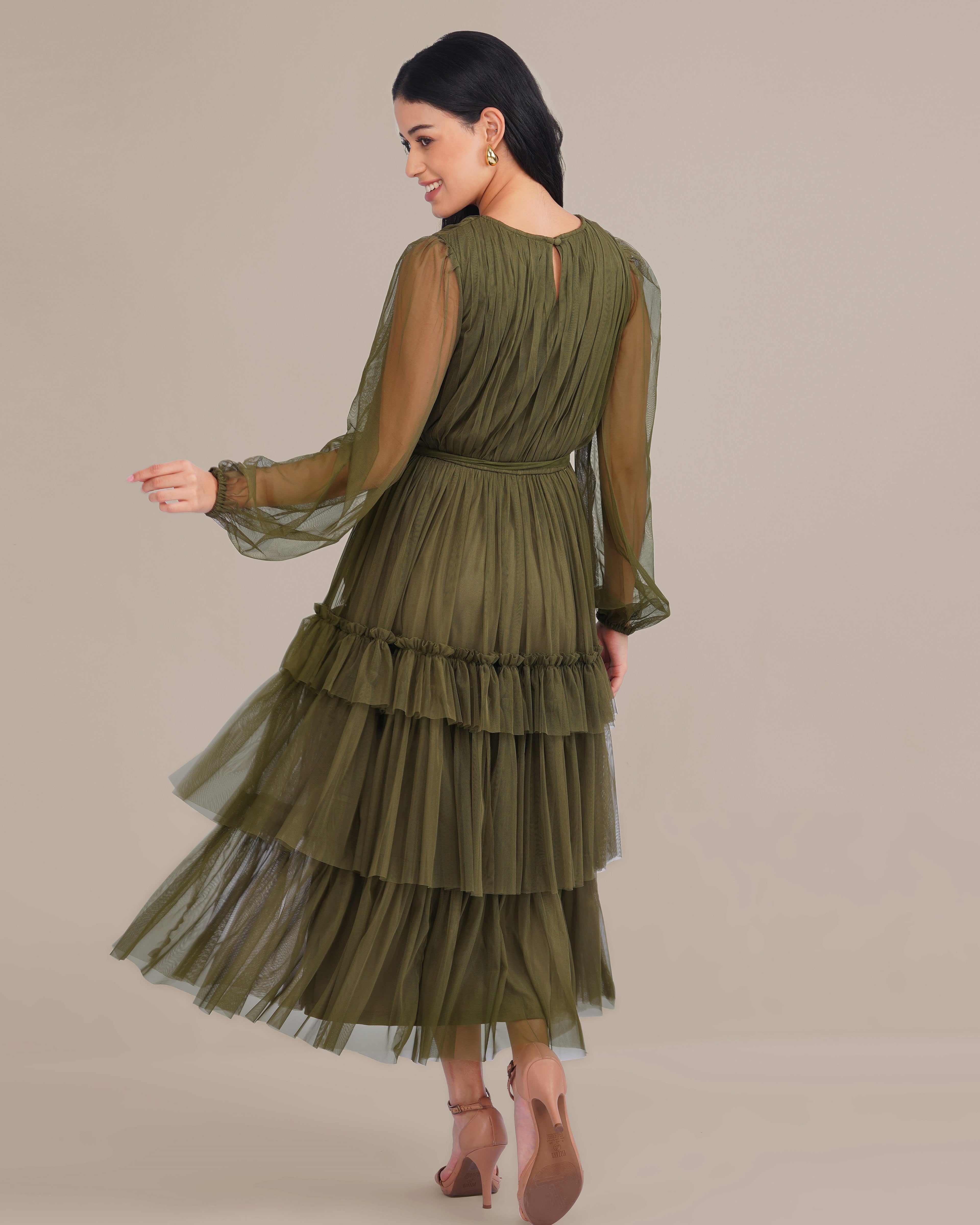 Rebecca Tulle Midi Dress in Burnt Olive