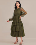 Rebecca Tulle Midi Dress in Burnt Olive