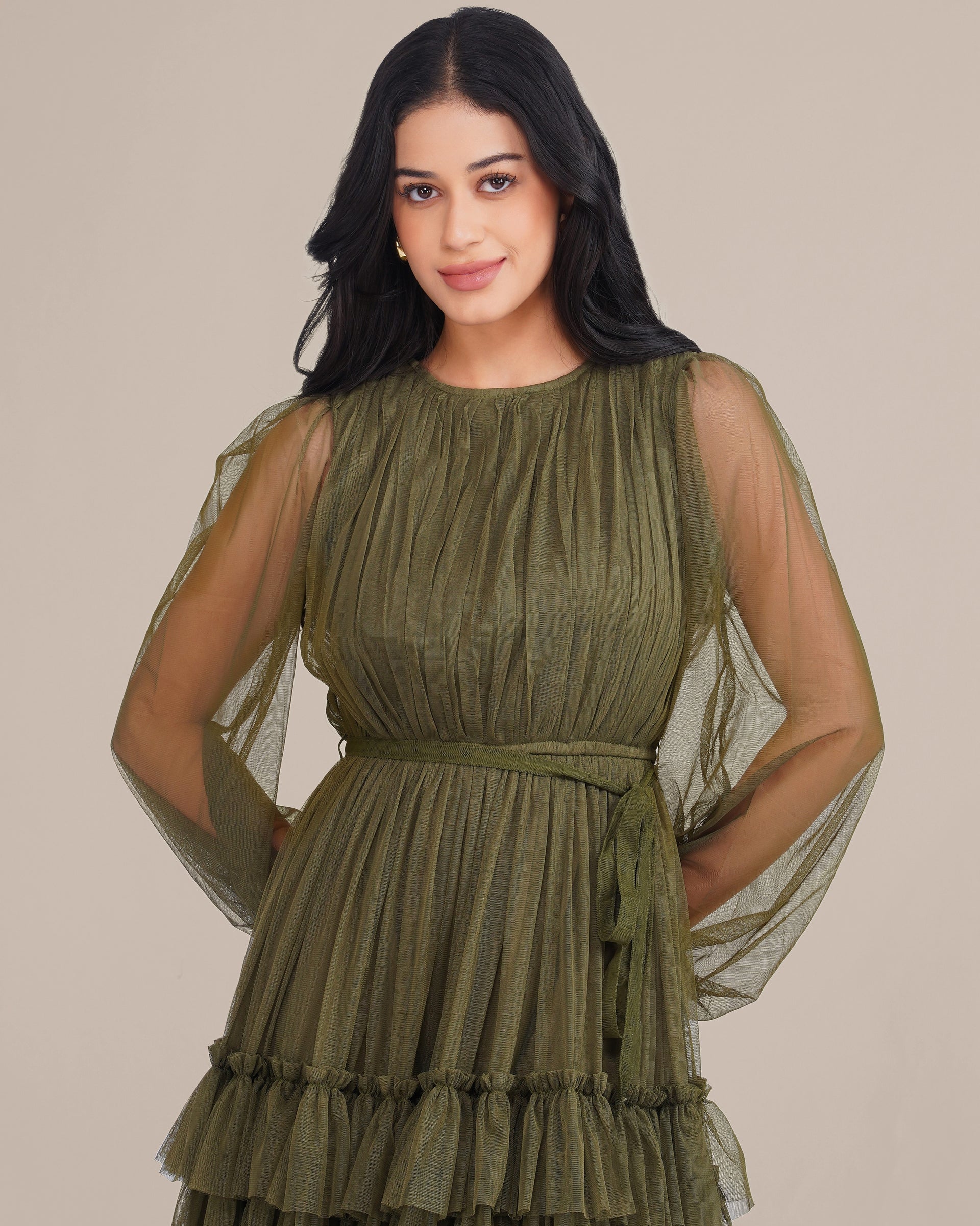 Rebecca Tulle Midi Dress in Burnt Olive