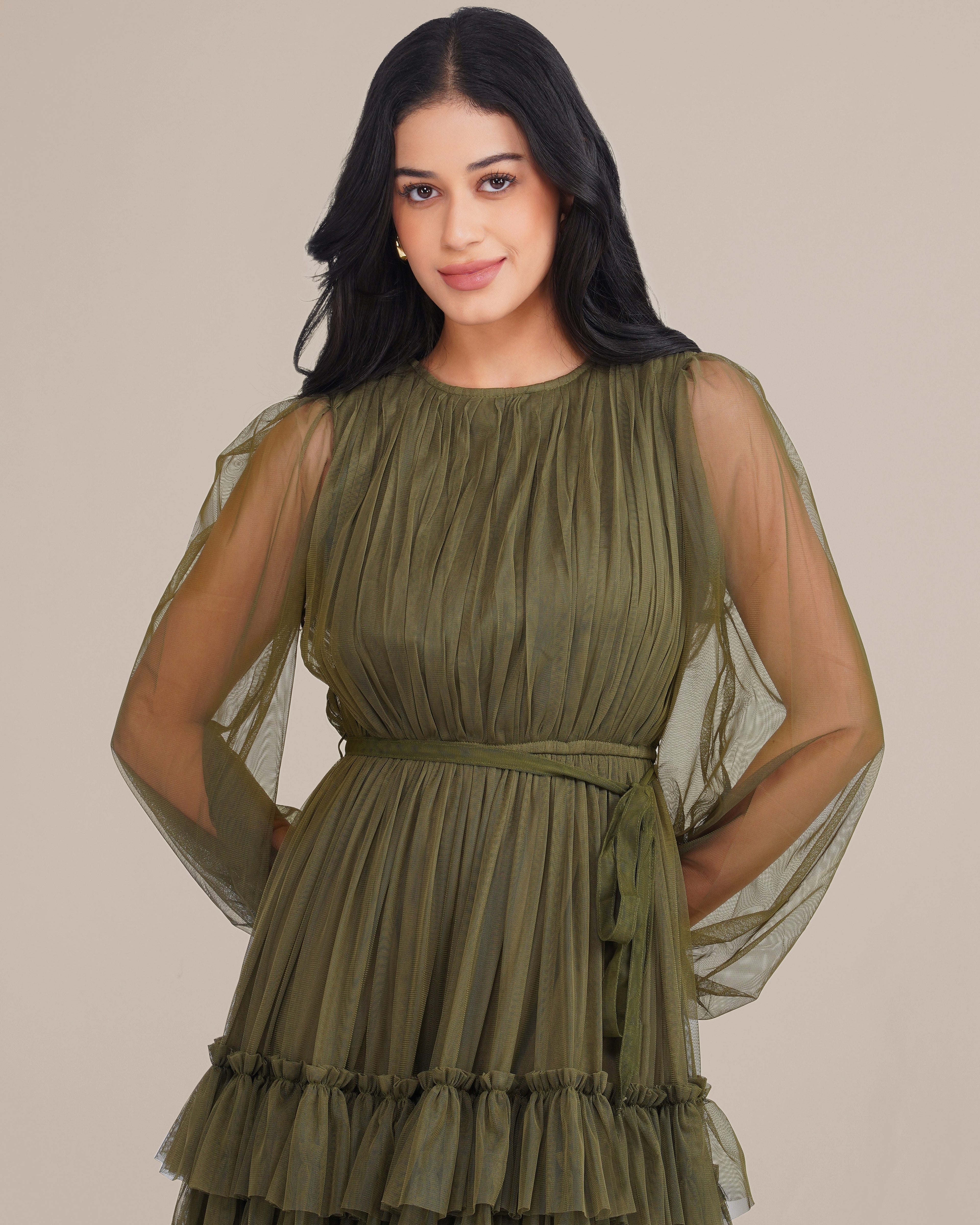Rebecca Tulle Midi Dress in Burnt Olive