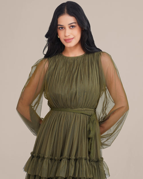 Rebecca Tulle Midi Dress in Burnt Olive