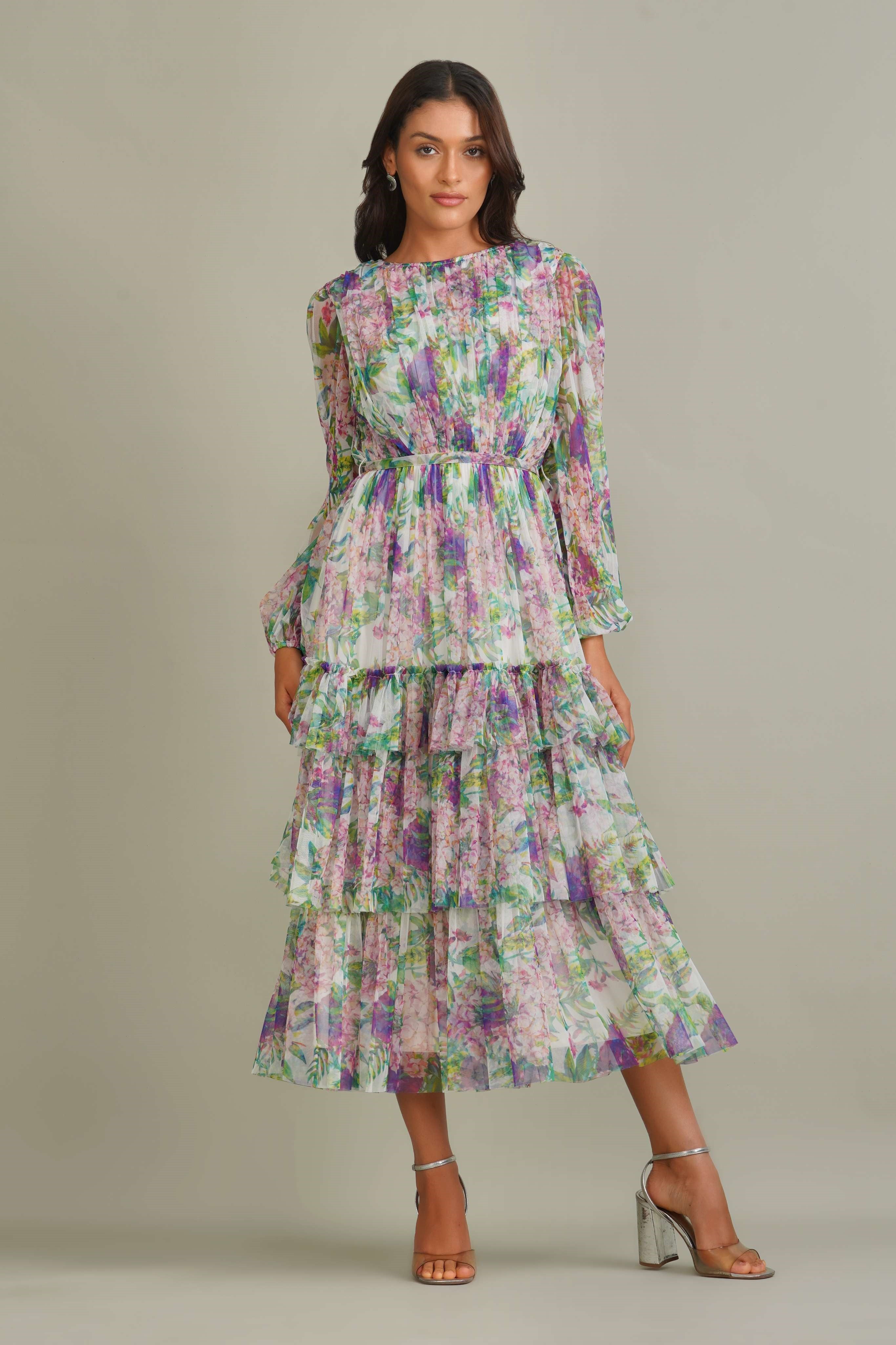 Midi Floral Midi Dress Soft Tulle Sundress Modest Long-sleeve 