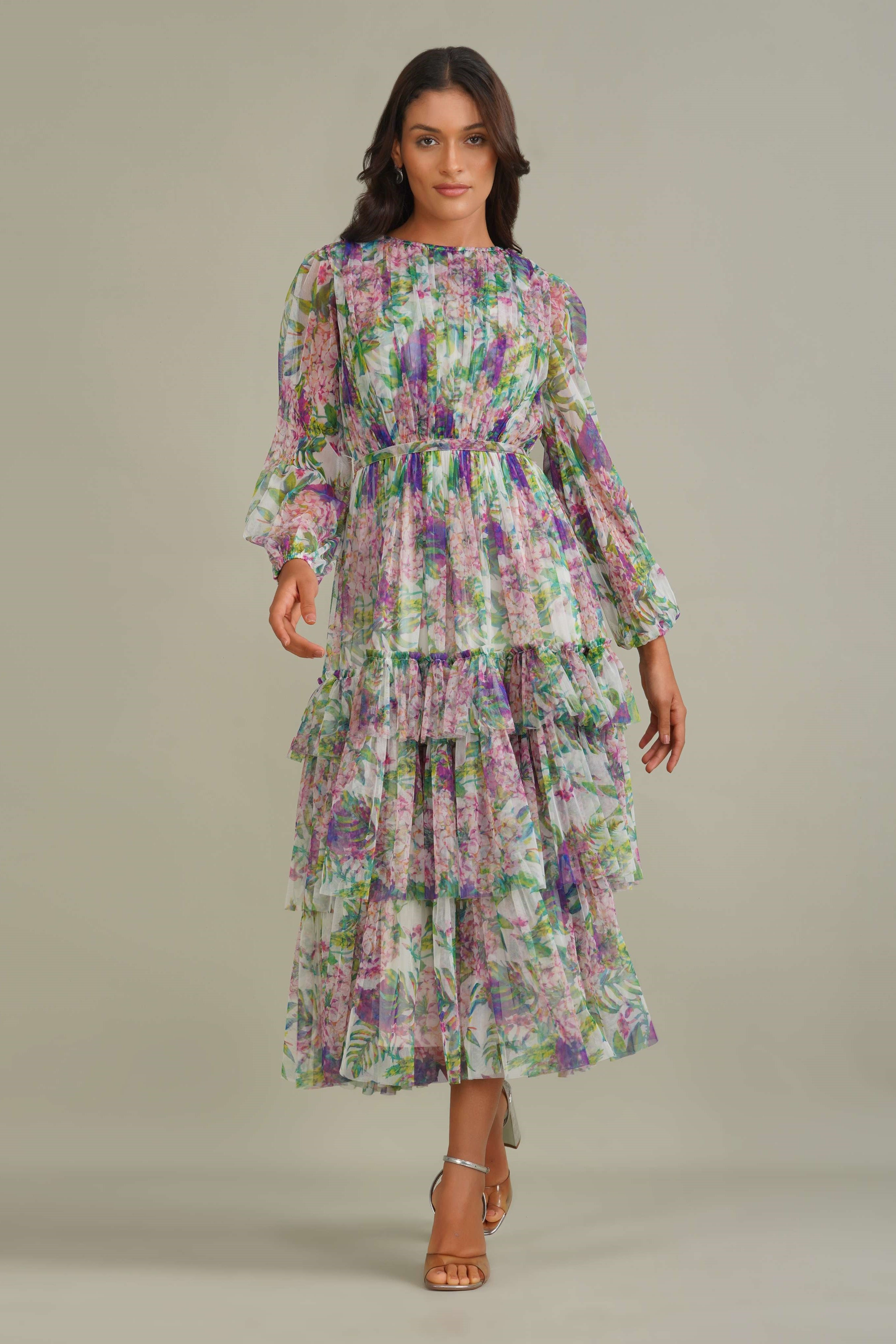 Rebecca Midi Dress in Purple Green Floral