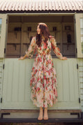 Modest long sleeve cream floral print tiered midi tulle dress