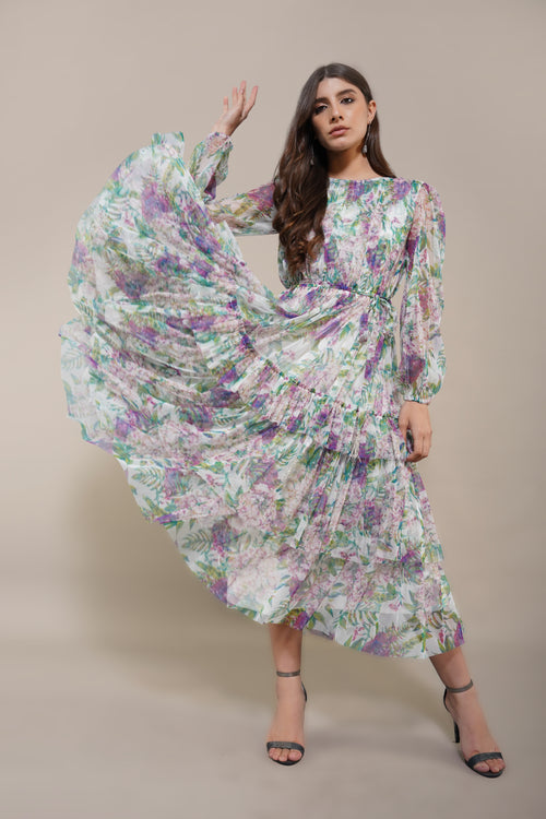 Rebecca Midi Dress in Purple Green Floral