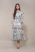 Midi Floral Midi Dress Soft Tulle Sundress Modest Long-sleeve 