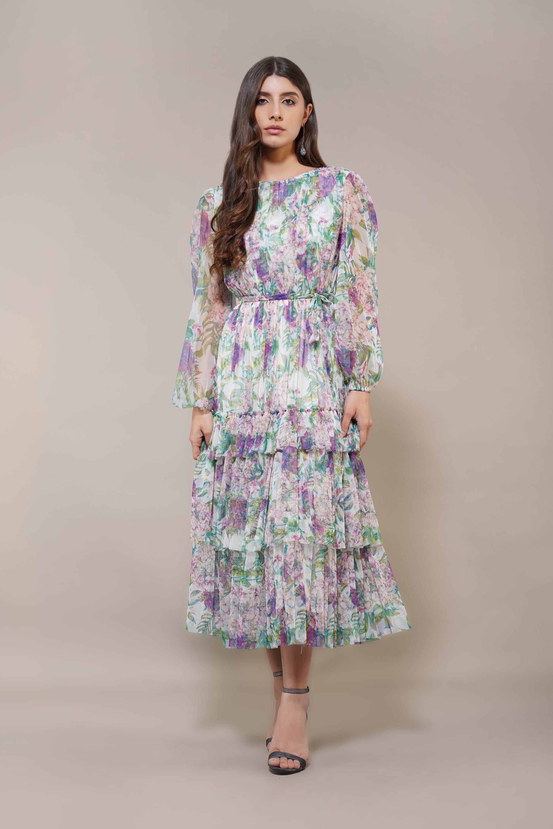 Midi Floral Midi Dress Soft Tulle Sundress Modest Long-sleeve 