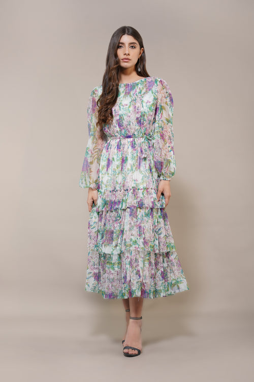 Midi Floral Midi Dress Soft Tulle Sundress Modest Long-sleeve 