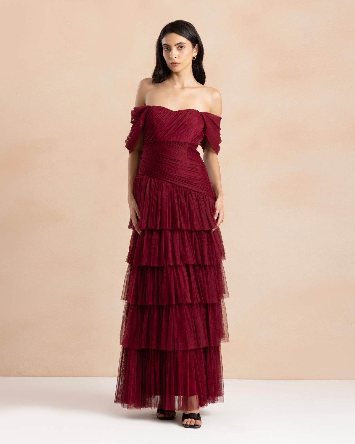 Riley Off Shoulder Tulle Maxi Dress in Dark Pink