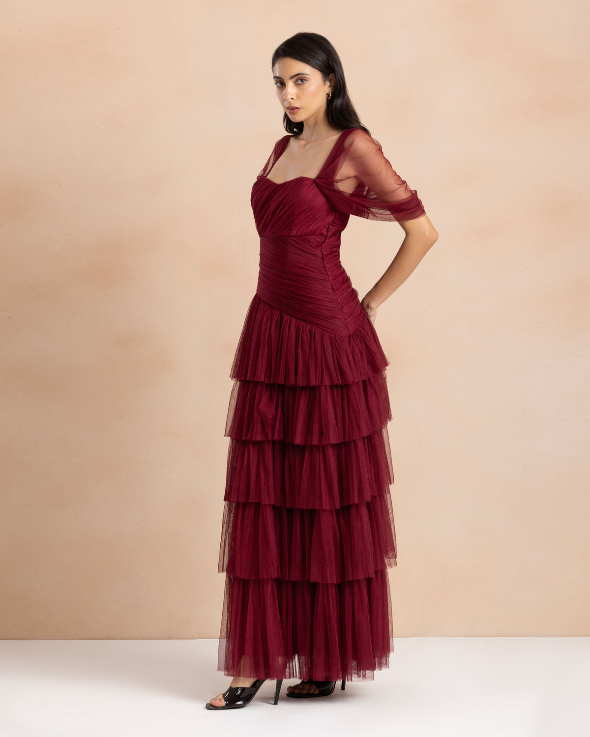 Riley Off Shoulder Tulle Maxi Dress in Dark Pink
