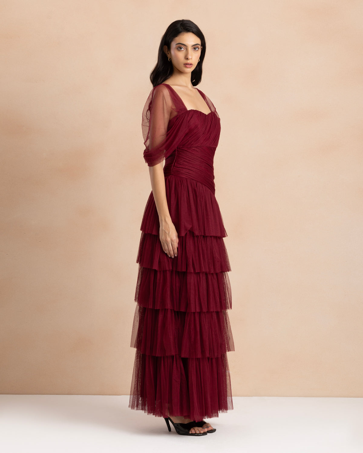 Riley Off Shoulder Tulle Maxi Dress in Dark Pink