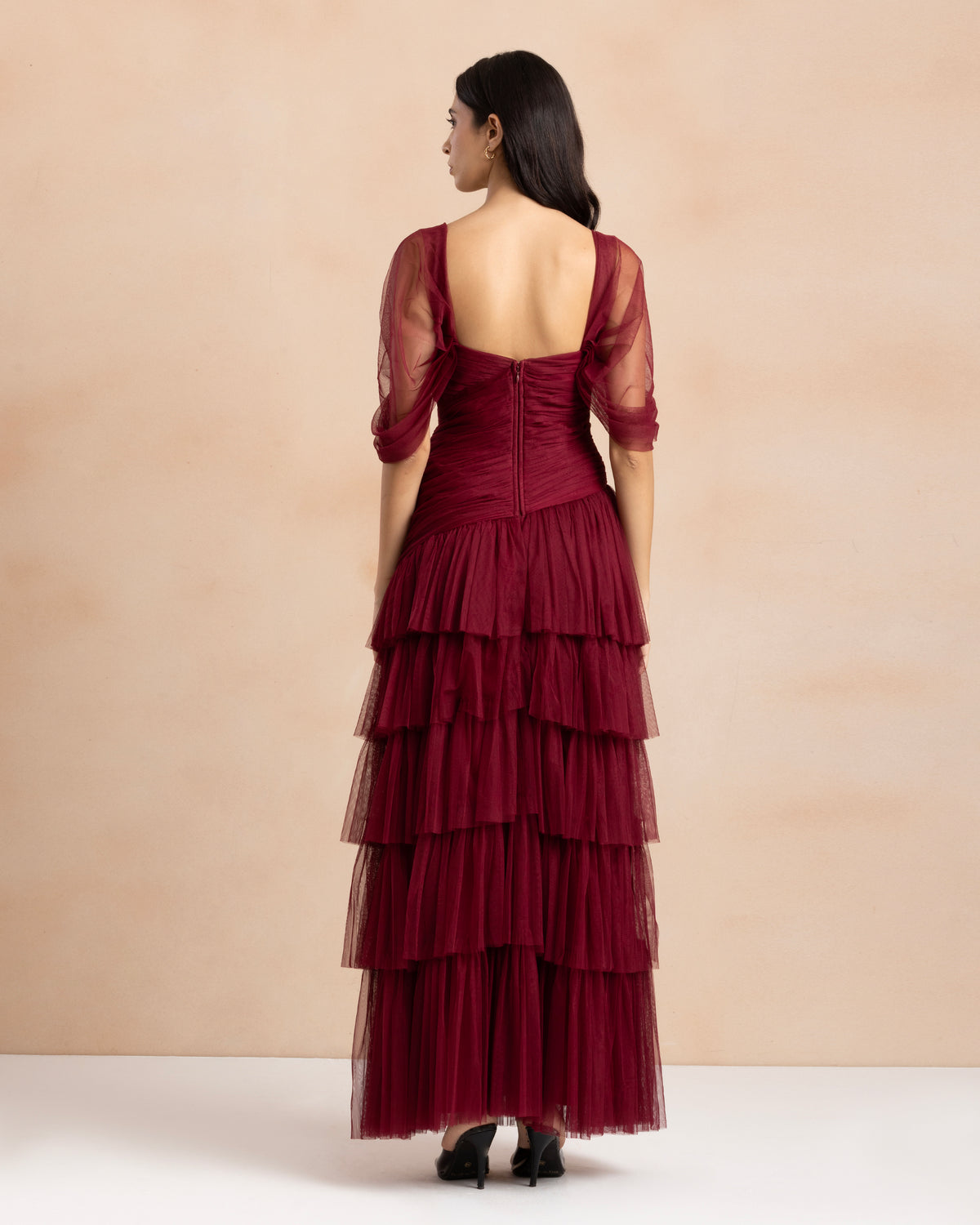 Riley Off Shoulder Tulle Maxi Dress in Dark Pink