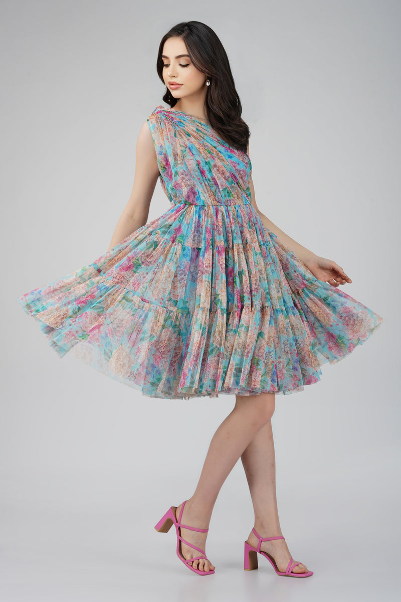 Roka Floral One Shoulder Mini Dress in Blue Lace Beads