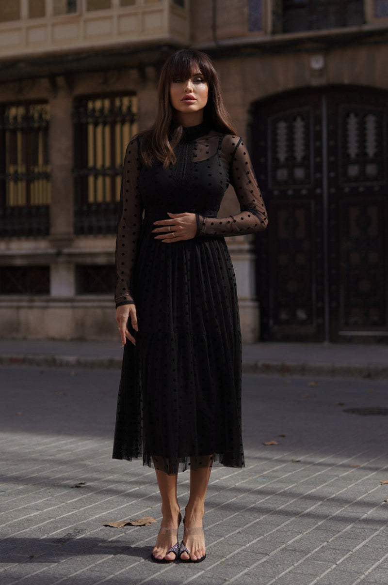 Roman Lola Polka Dot Midi Dress in Black