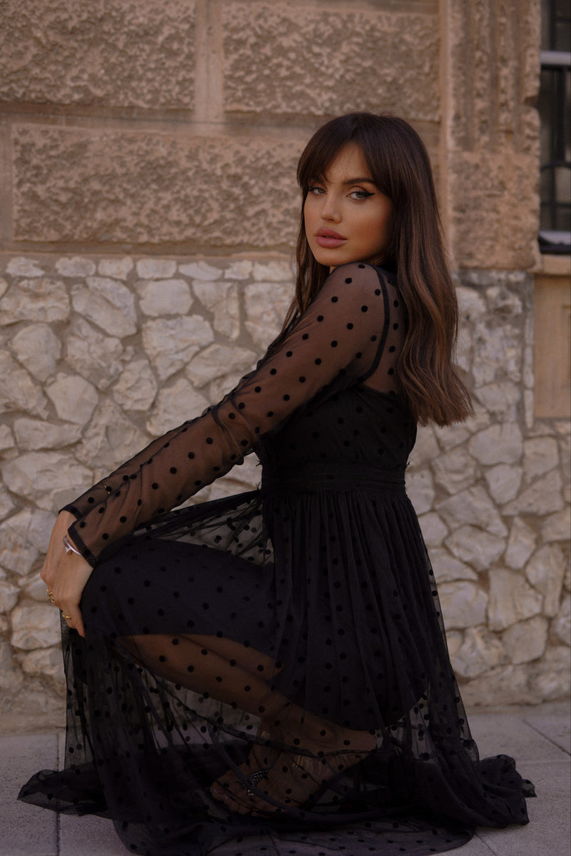 Roman Lola Polka Dot Midi Dress in Black