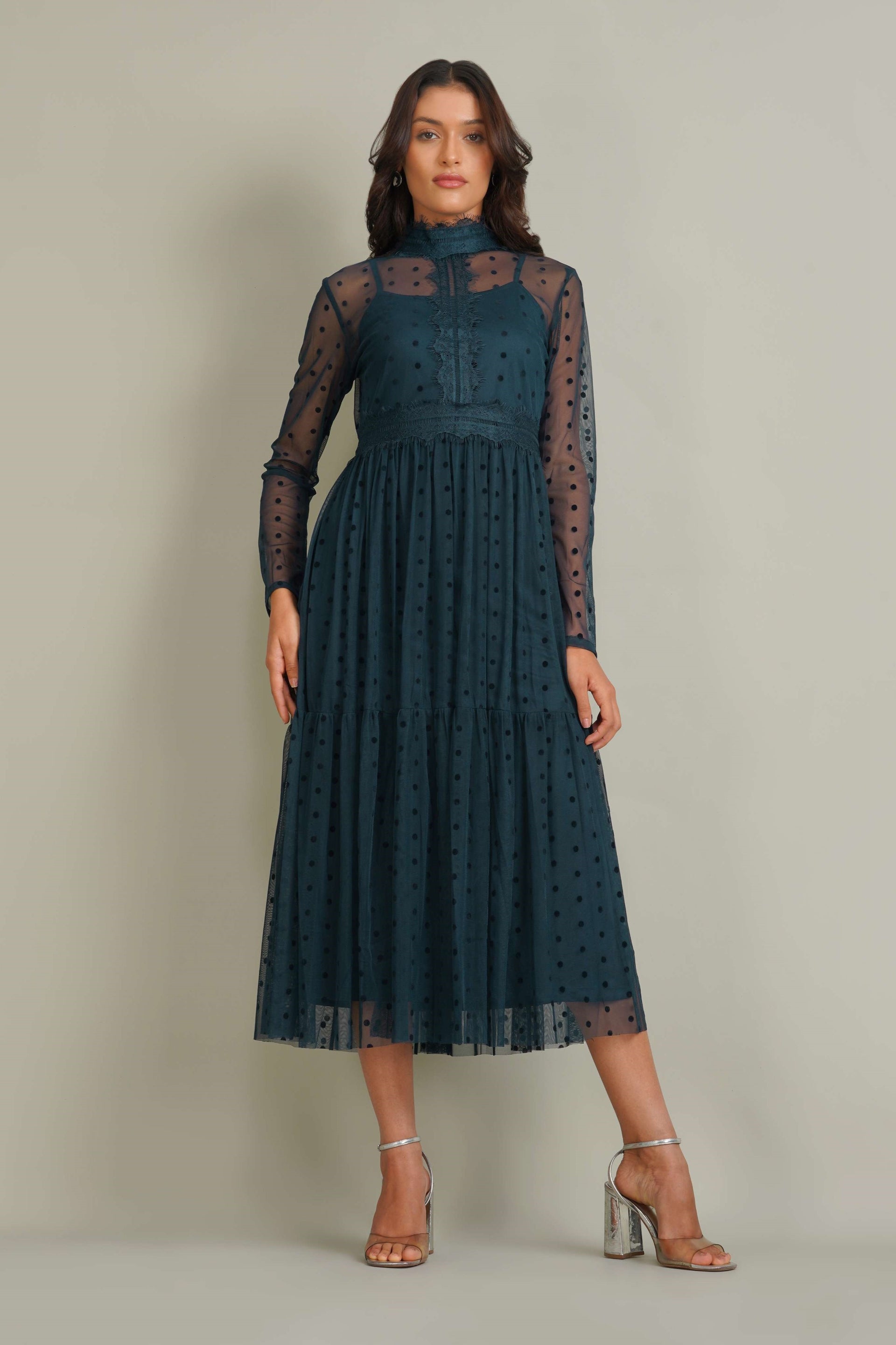 Roman Lola Polka Dot Tulle Midi Dress in Navy Blue Lace & Beads Roman Lola Polka Dot Tulle Midi Dress in Navy Blue Lace & Beads