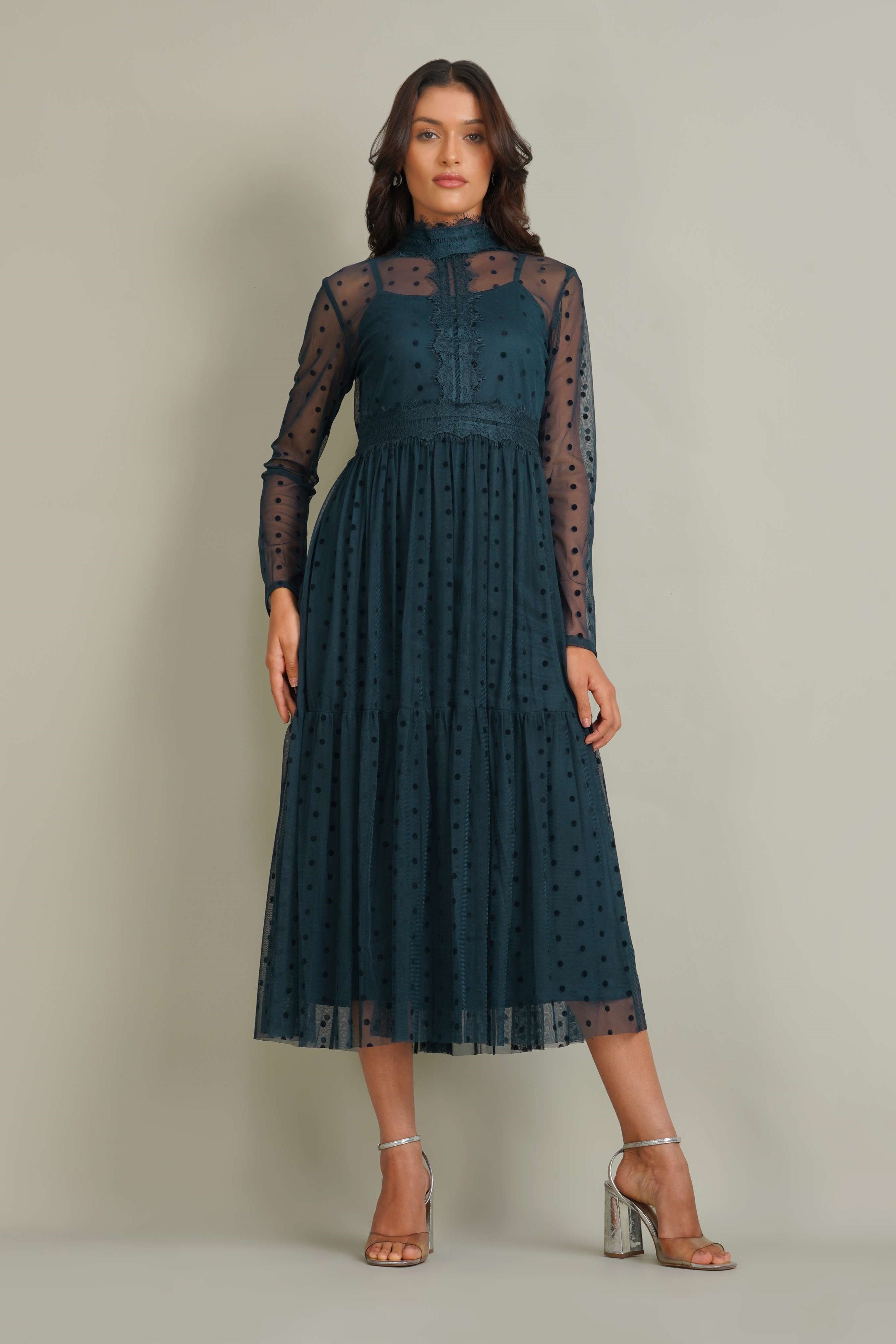 Soft Tulle Mesh Long Sleeve Polka Dot Spot Slip Modest Midi Navy Dark Blue Dress