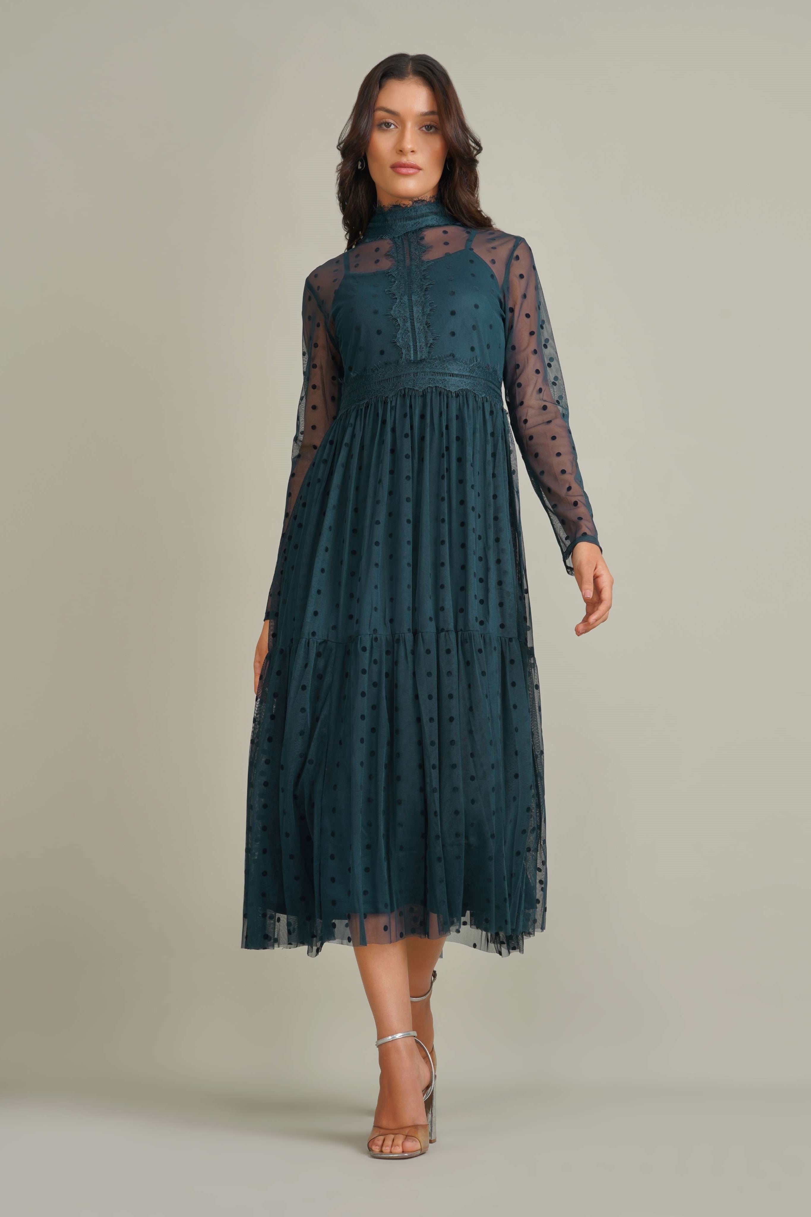 Roman Lola Polka Dot Tulle Midi Dress in Navy Blue