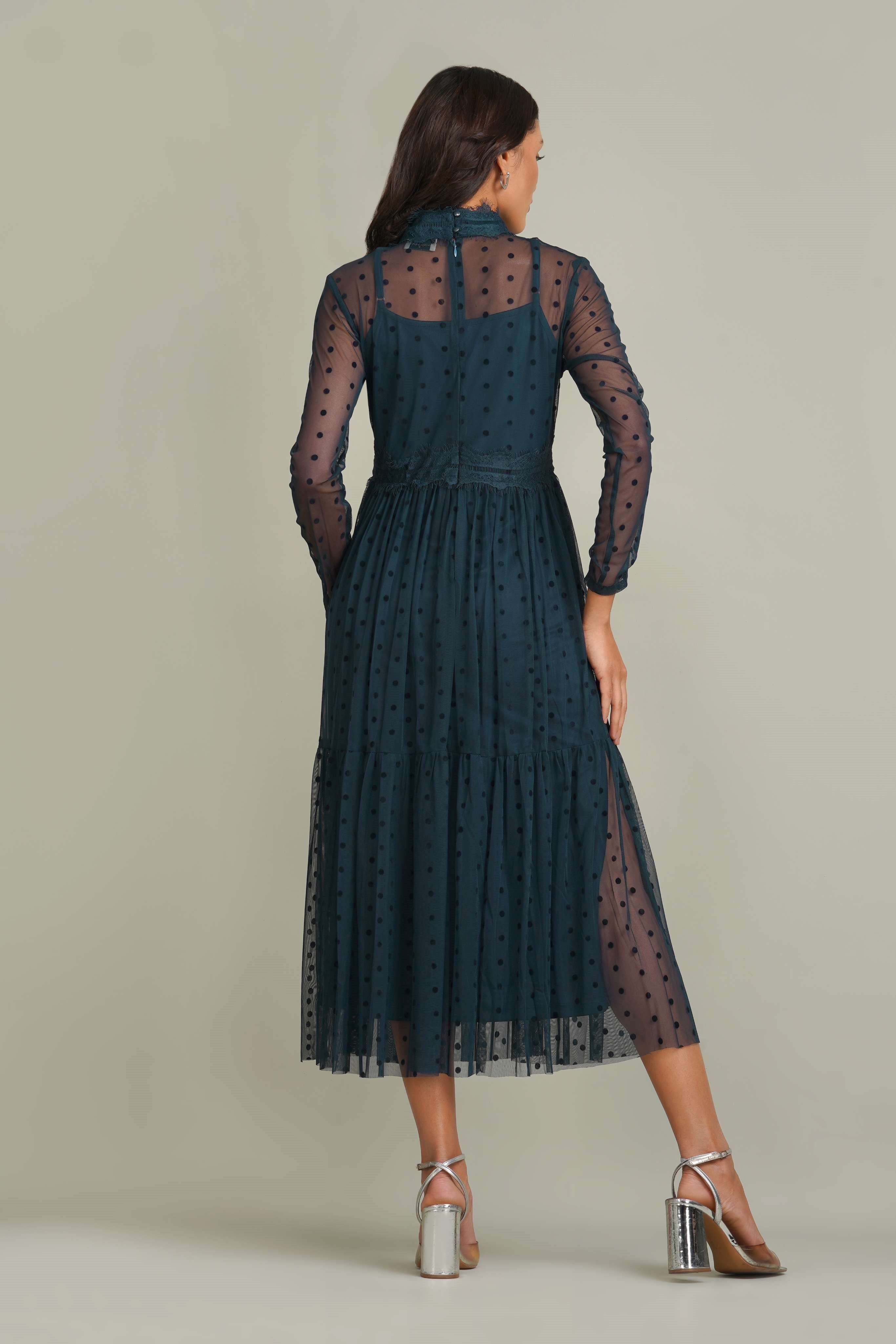 Roman Lola Polka Dot Tulle Midi Dress in Navy Blue