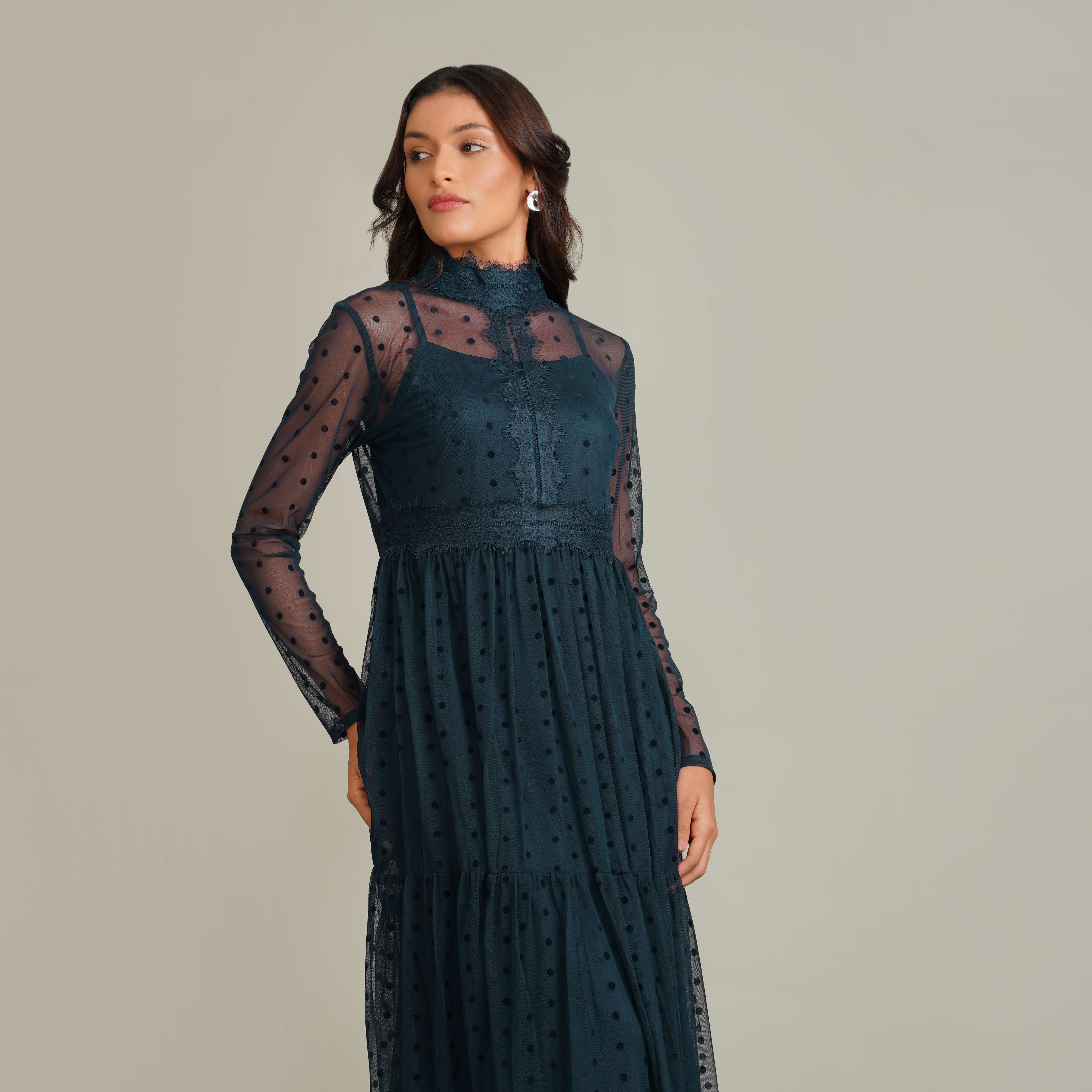 Roman Lola Polka Dot Tulle Midi Dress in Navy Blue
