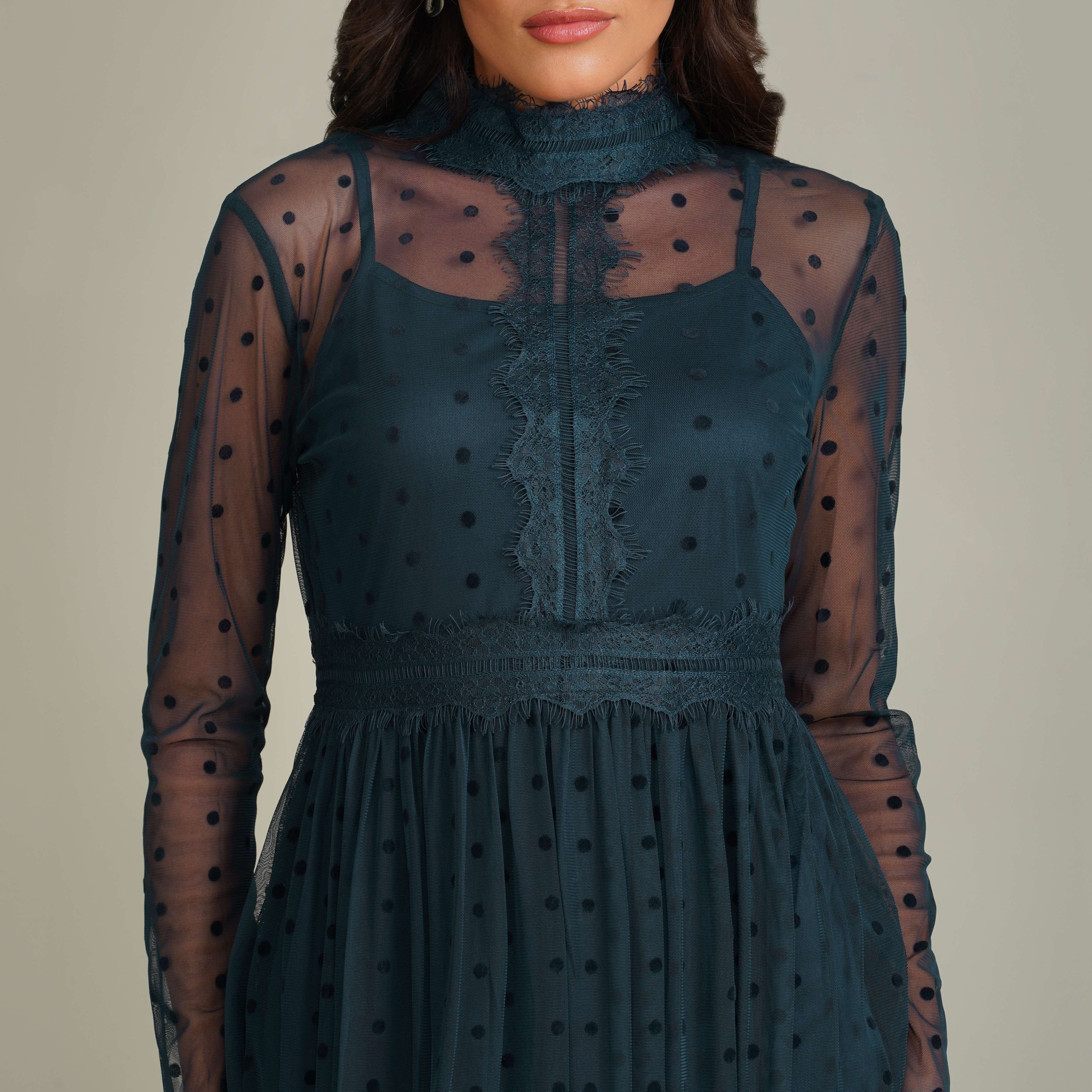 Roman Lola Polka Dot Tulle Midi Dress in Navy Blue