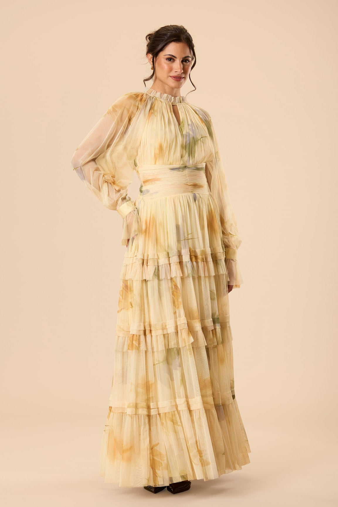 Long sleeve tulle mesh modest maxi dress golden yellow floral print formal dress