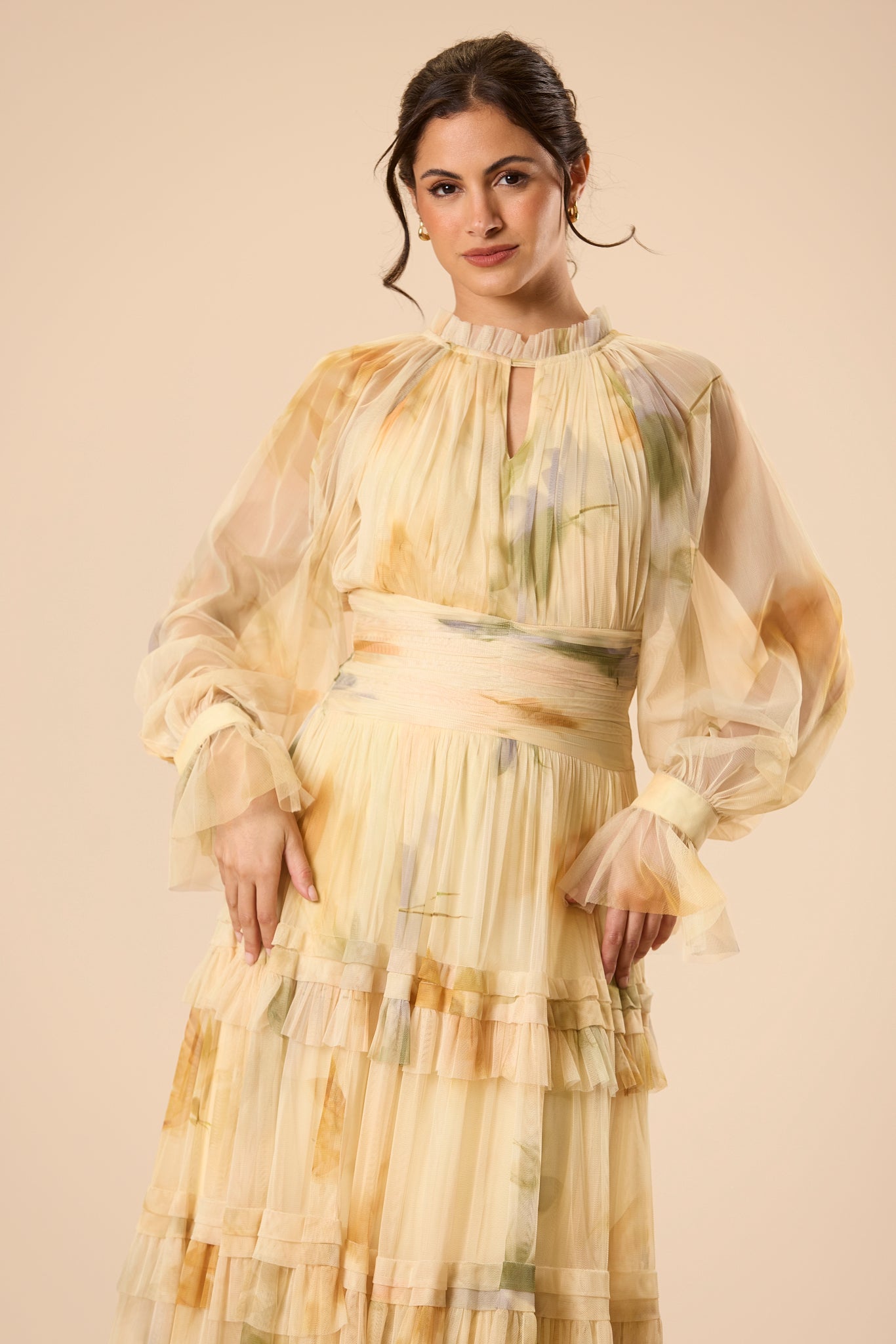 Rosalia Tulle Maxi Dress in Golden Petal Print