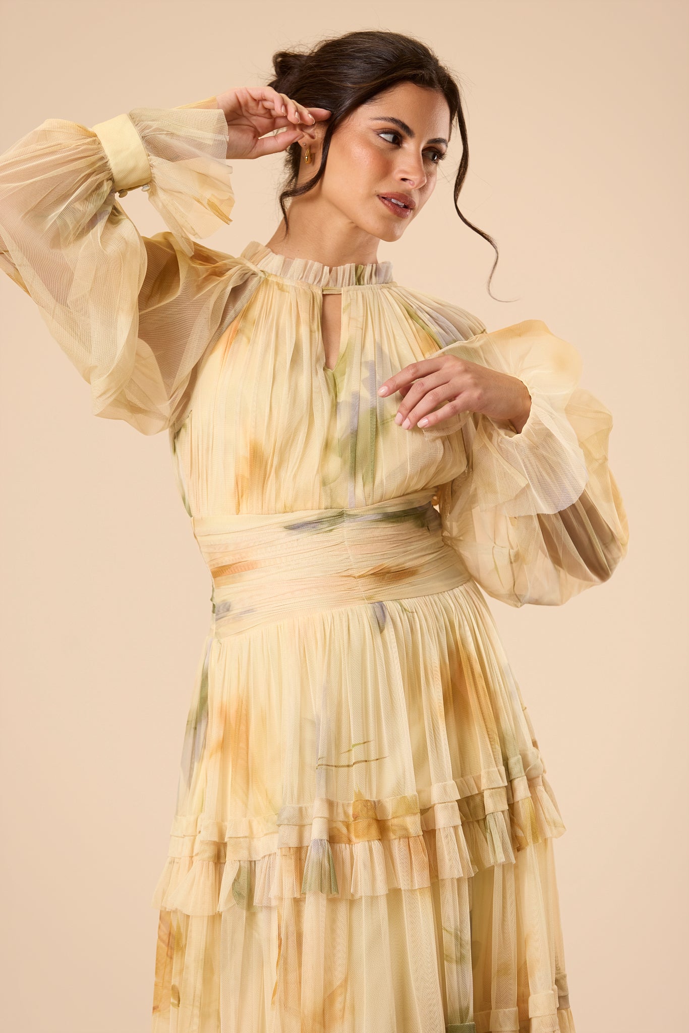 Rosalia Tulle Maxi Dress in Golden Petal Print