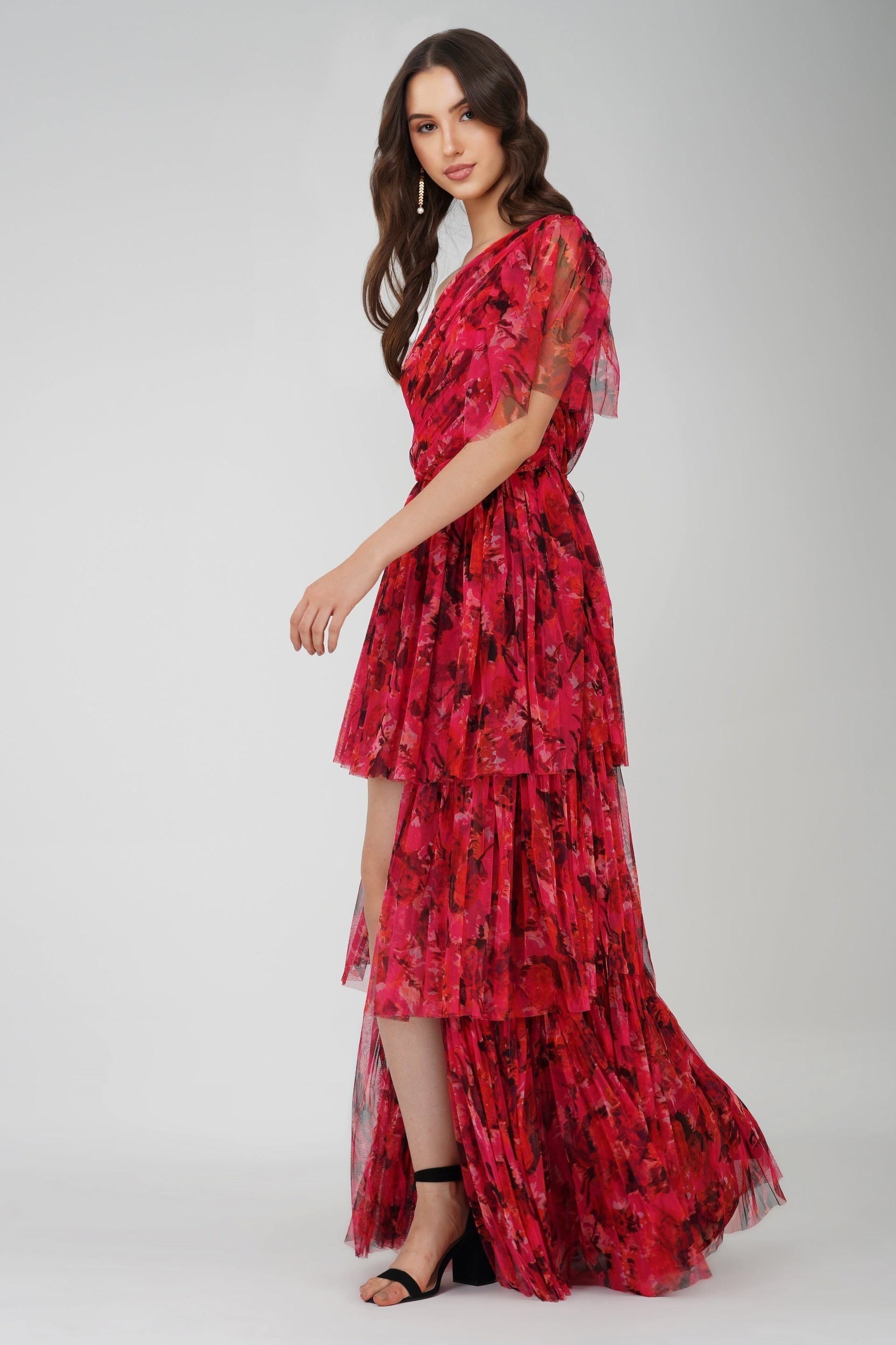 Rowena Red Pink Printed One Shoulder Tulle Maxi Dress