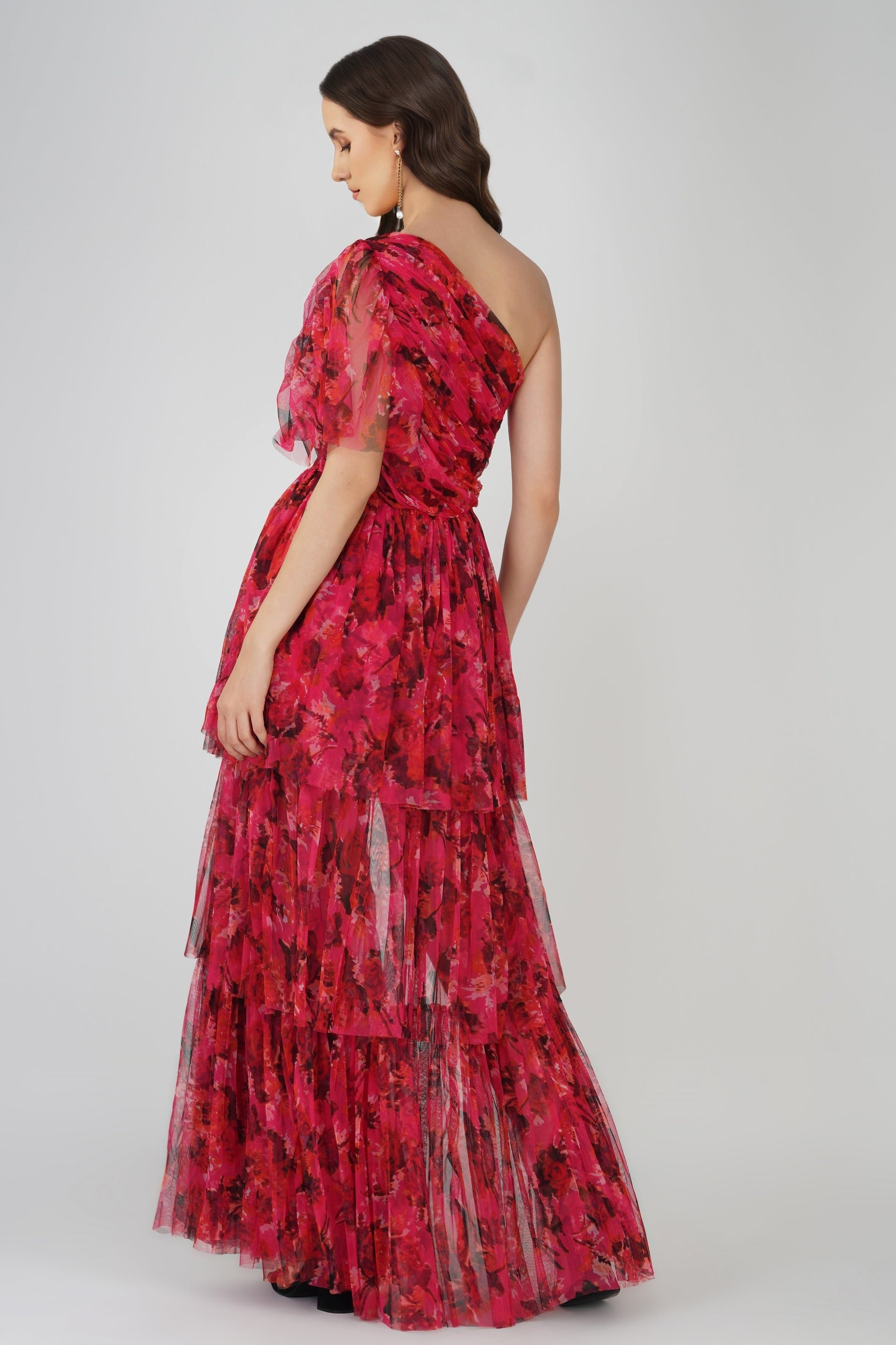 Rowena Red Pink Printed One Shoulder Tulle Maxi Dress