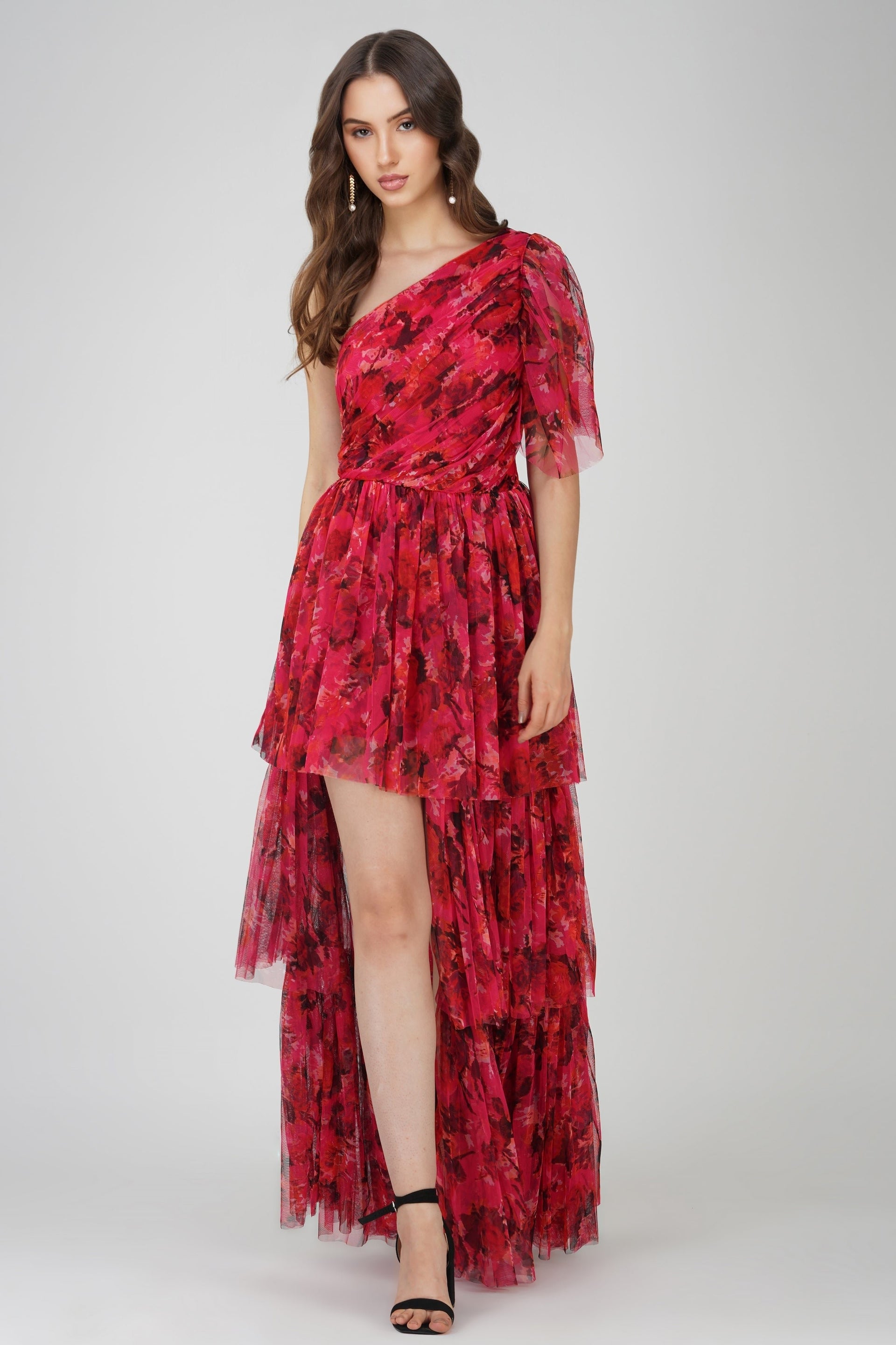 Rowena Red Pink Printed One Shoulder Tulle Maxi Dress