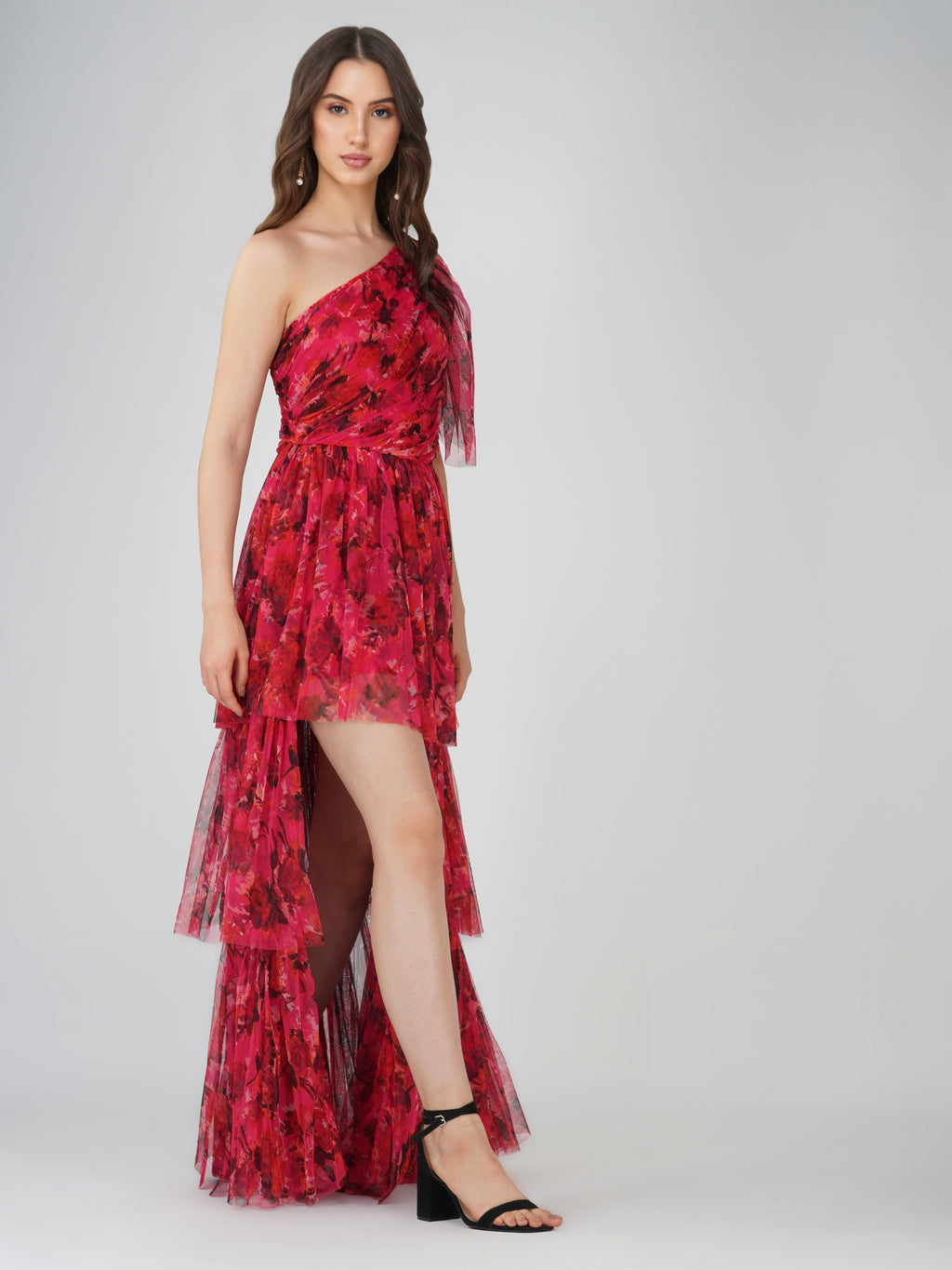 Rowena Red Pink Printed One Shoulder Tulle Maxi Dress