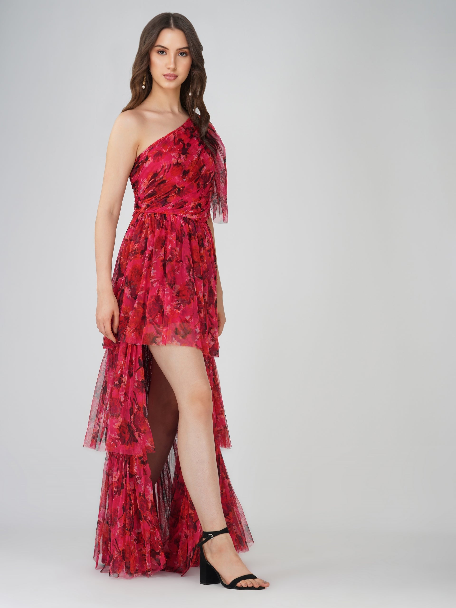 Rowena Red Pink Printed One Shoulder Tulle Maxi Dress