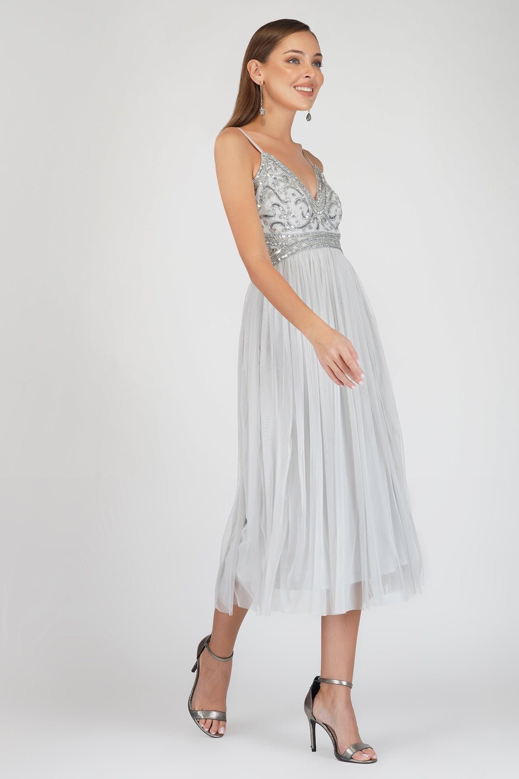Ruhi Embellished Midi Dress in Grey