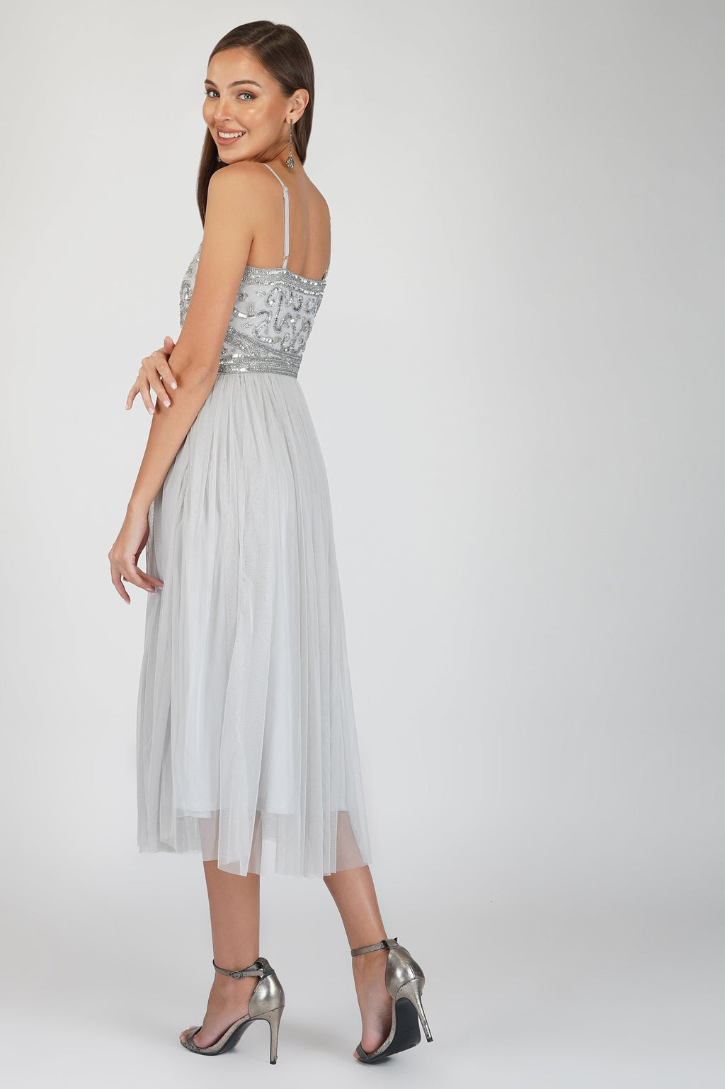 Ruhi Embellished Midi Dress in Grey
