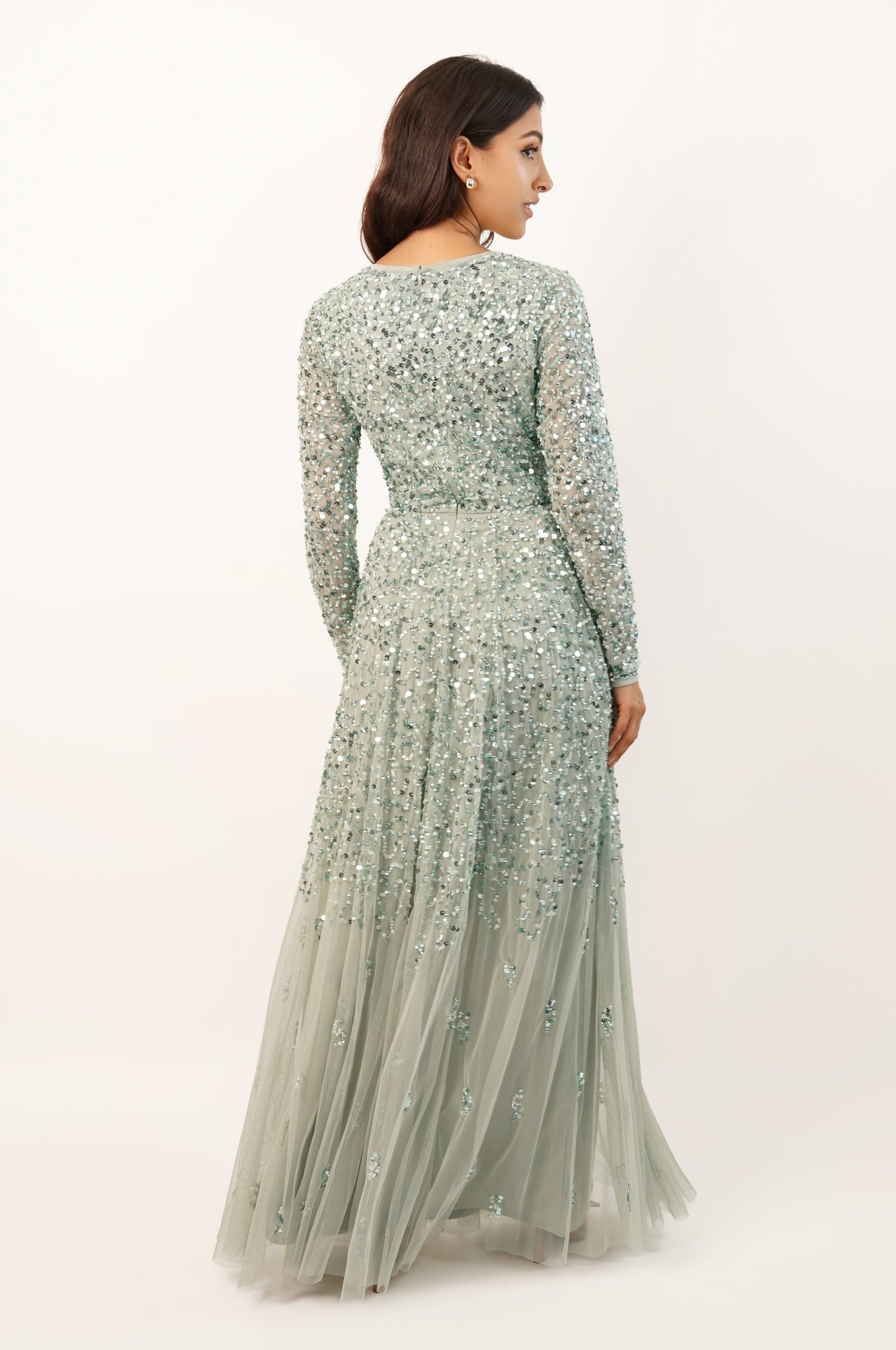 Sila Long Sleeve Embellished Maxi Dress in Sage Green — free download