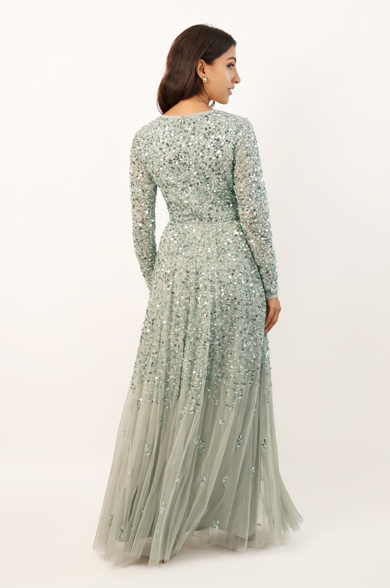 Sila Long Sleeve Embellished Maxi Dress in Sage Green